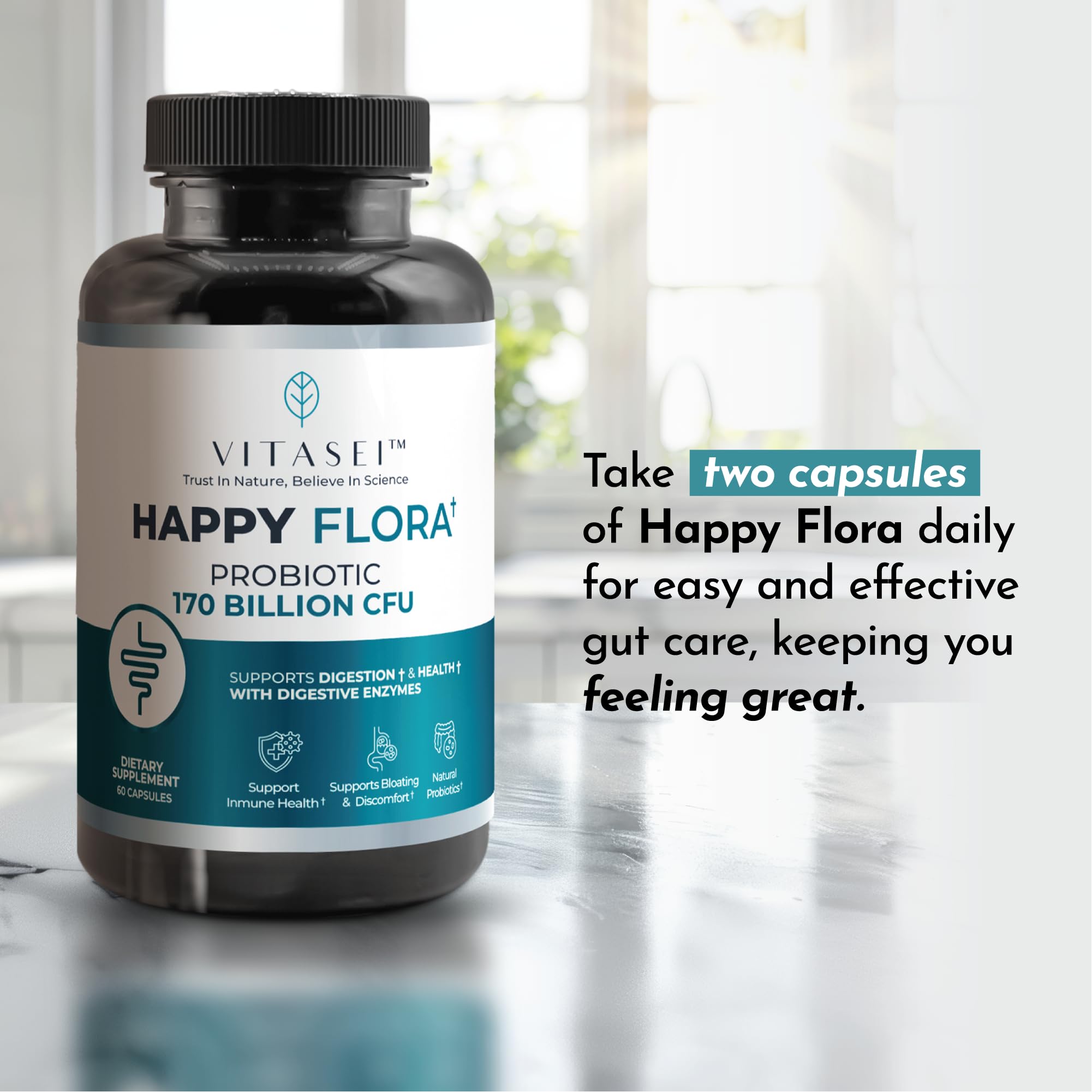 VITASEI Happy Flora, Probiotic Supplement 170 Billion CFU for a Healthy Gut Health with enzymes for Digestion, probiotics for Women and Men, 1 Bottle - 60 Capsules VITASEI uk supplements