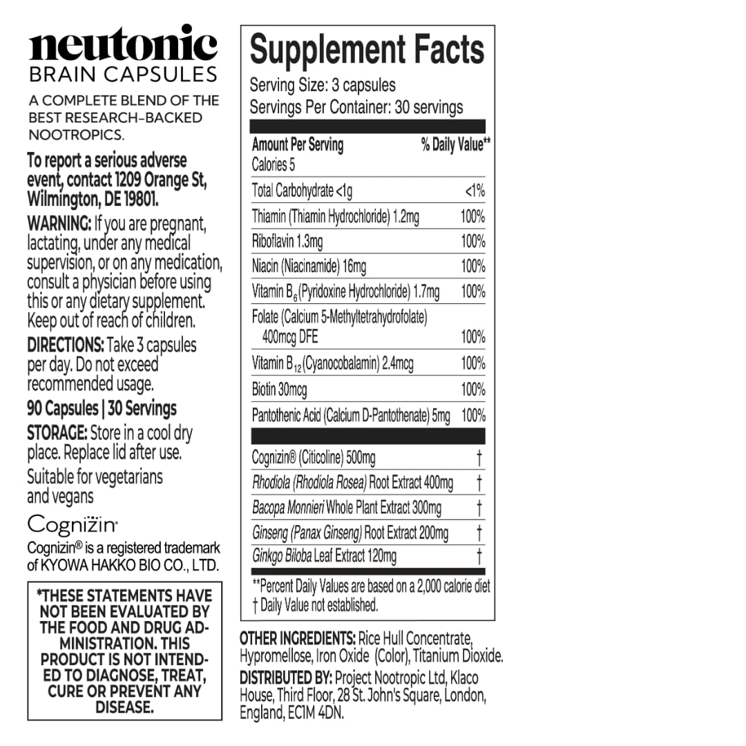 Neutonic Nootropic Brain Supplement | 1 Month Supply 90 Capsules | for Men and Women | Support Memory, Mental Clarity, Cognitive Function | Boost Focus, Energy, Brain Health Neutonic uk supplements