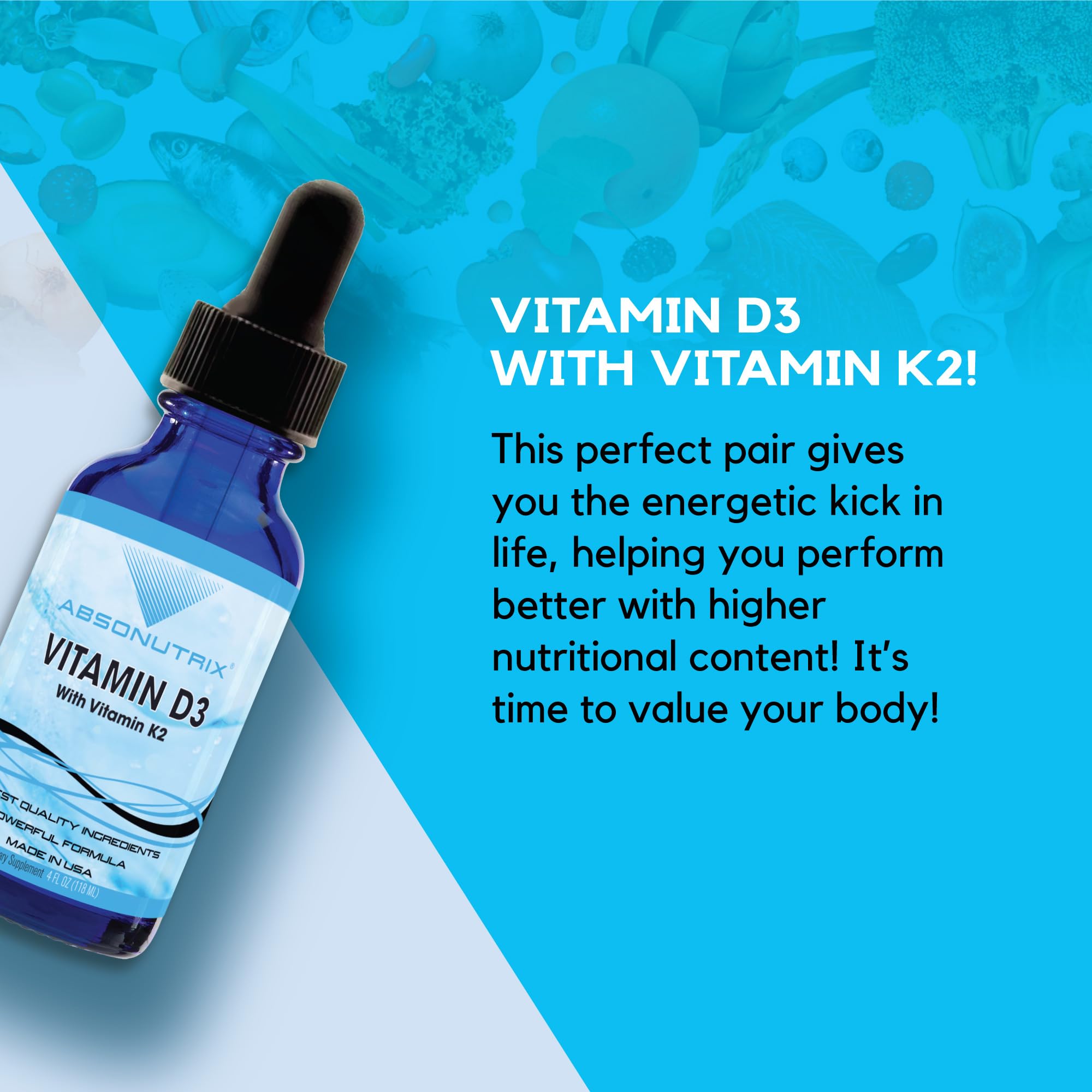 Absonutrix Vitamin D3 K2 Drops, 390mg, 4 Oz Liquid, 302 Servings, Made in USA, Quick Absorption, Quality Potent Ingredients, Non-GMO, GMP Certified, Cruelty-Free Products, Bone Strength Supplements Absonutrix uk supplements