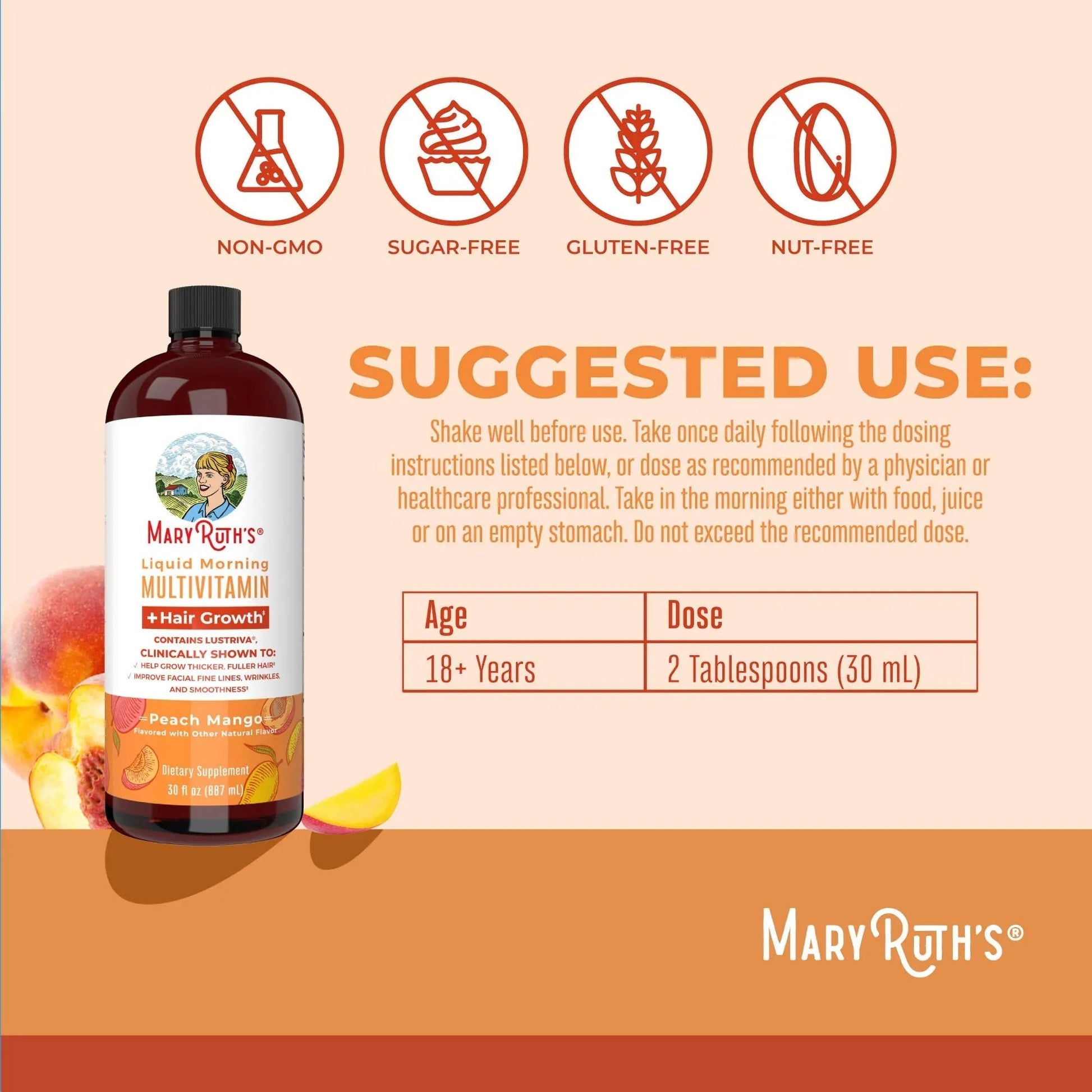 MaryRuth's MaryRuth's Liquid Morning Multivitamin +Hair Growth (Peach Mango, 30oz) & Iron Liquid (Berry) | Clean Label Project Verified® | MARYRUTH'S uk supplements