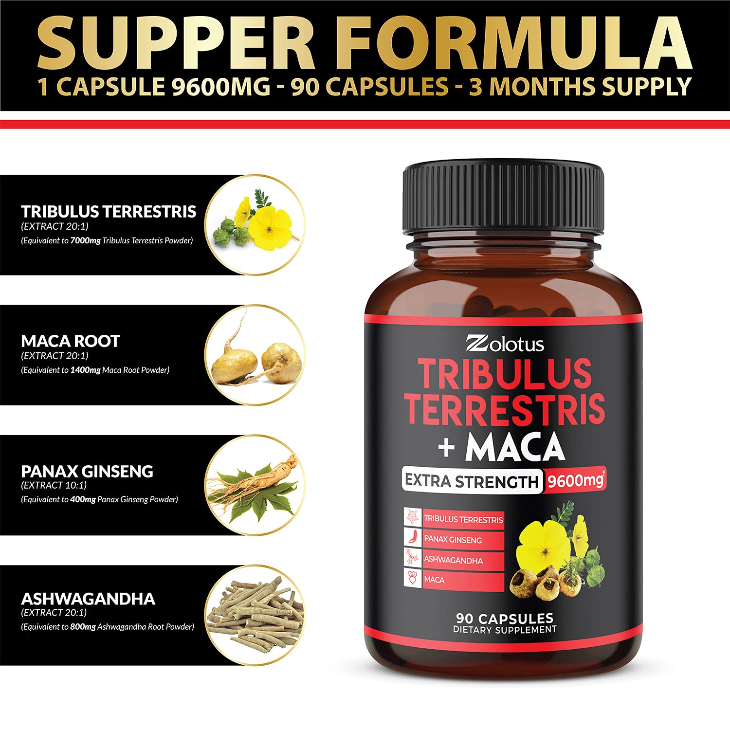 Zolotus Premium Tribulus Terrestris Capsules - 9600mg Per Serving - Combined Zolotus uk supplements