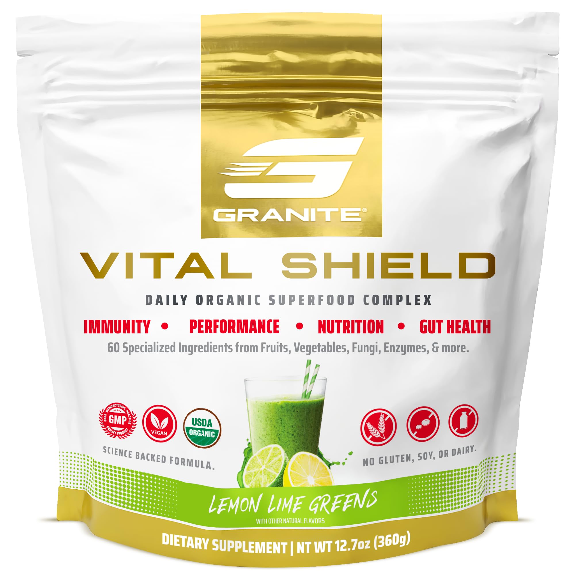 Granite Nutrition Vital Shield - USDA Organic Superfood Greens with Mushrooms & Tart Cherry – Supports Energy, Immune Function & Digestive Health – Lemon Lime Flavor (30 Servings) Granite Supplements uk supplements