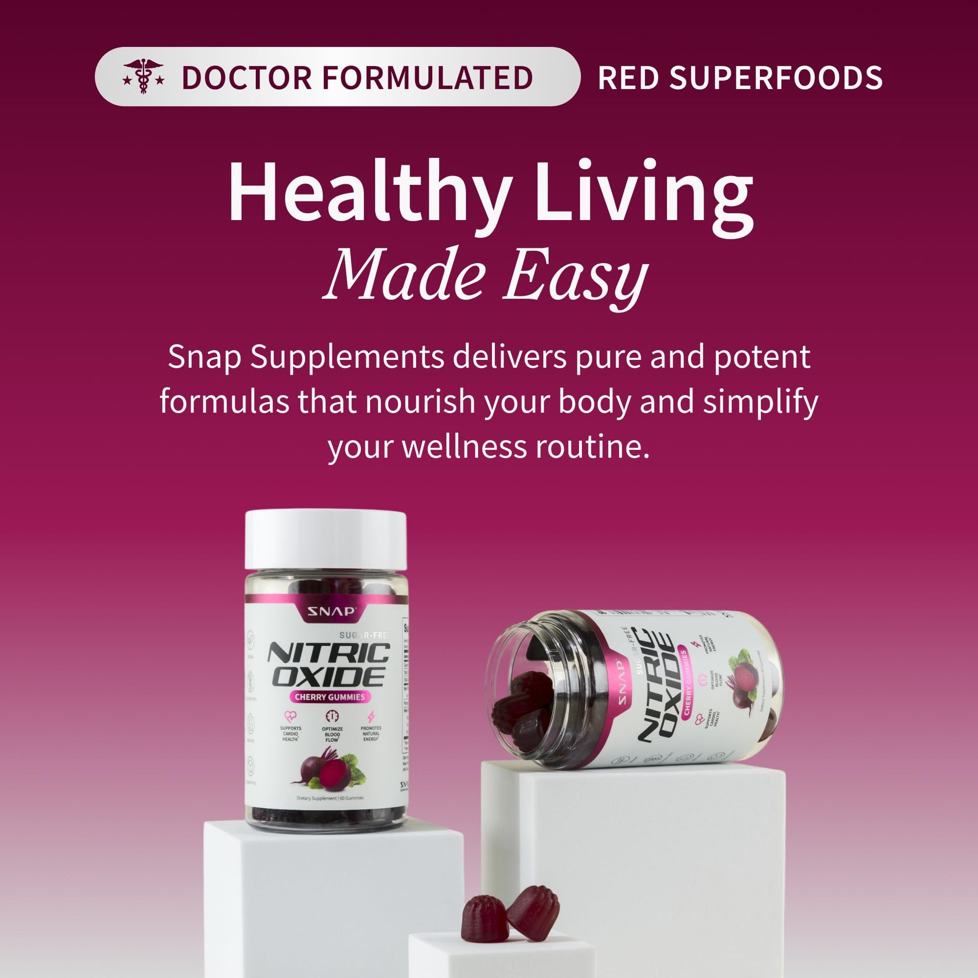 Snap Supplements Nitric Oxide Gummies - Beet Root Extract 300mg, Sugar Free Beetroot Supplement with Pomegranate Powder for Circulation & Natural Energy, 60 Vegan Gummies, Cherry Flavor Snap Supplements uk supplements