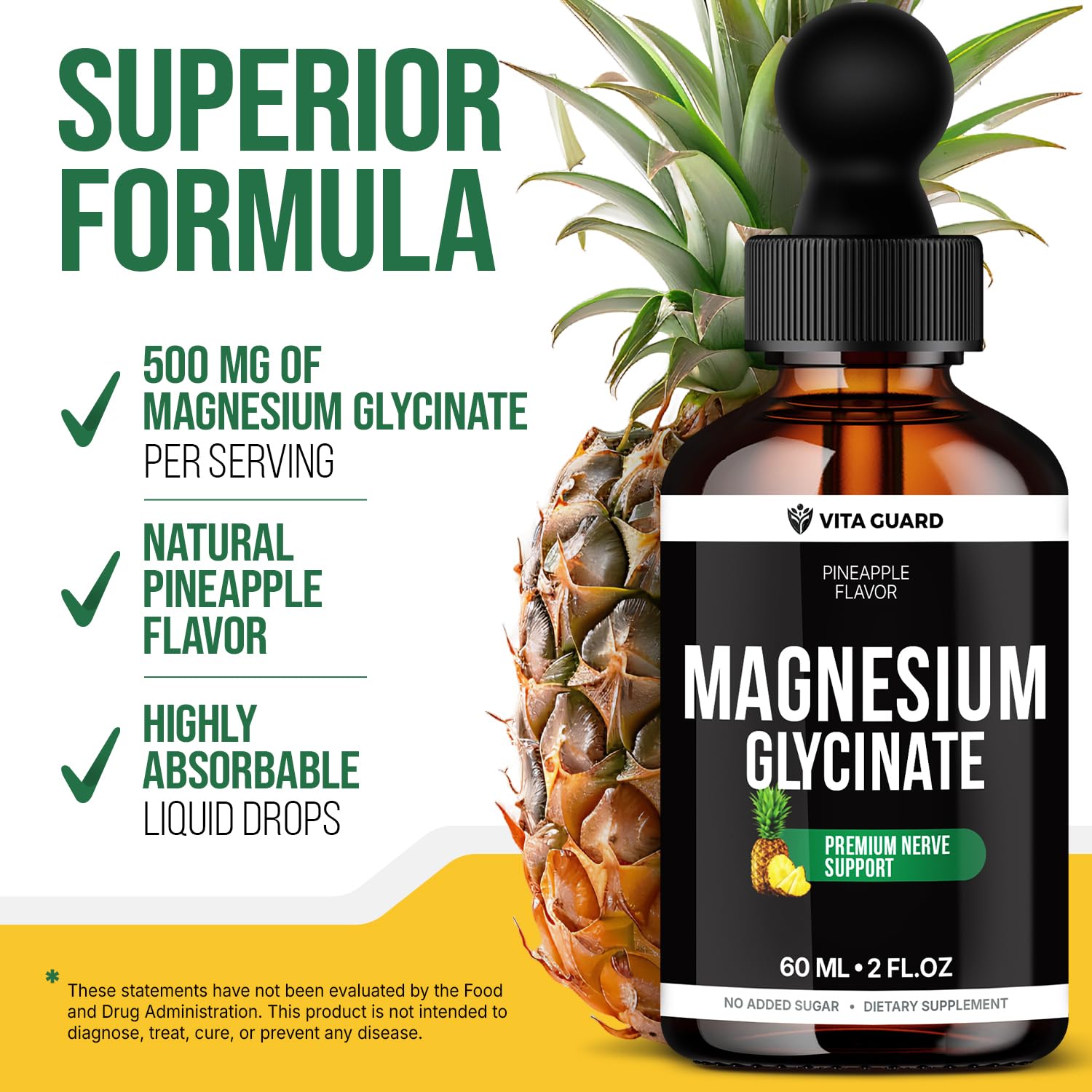 Magnesium Glycinate 500mg Liquid Drops – Sugar-Free Magnesium Supplement, Vegan Formula, 60 mL Flavor Pineapple Vita Guard uk supplements