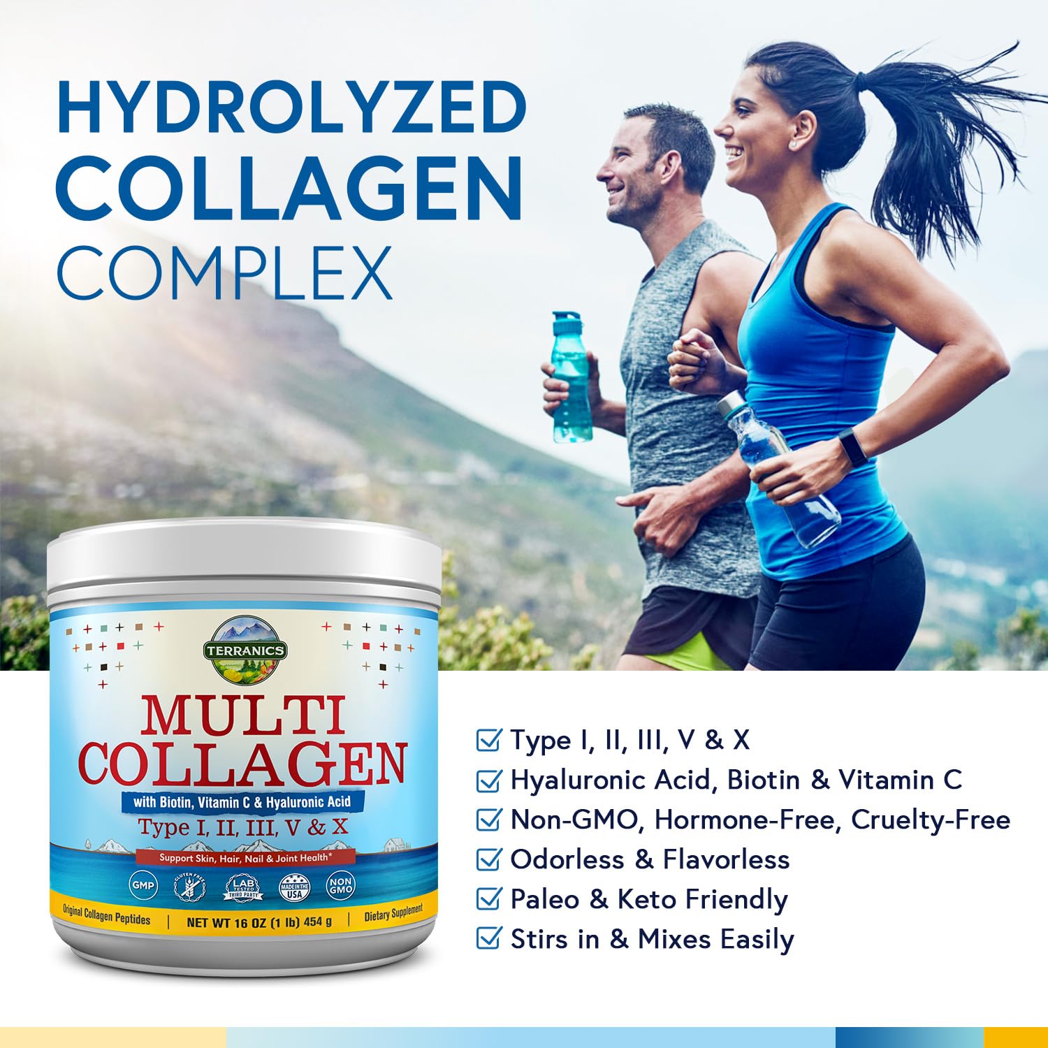 Terranics Multi Collagen Powder Type I II II V X with Biotin VC Hyaluronic Acid, Paleo Terranics uk supplements