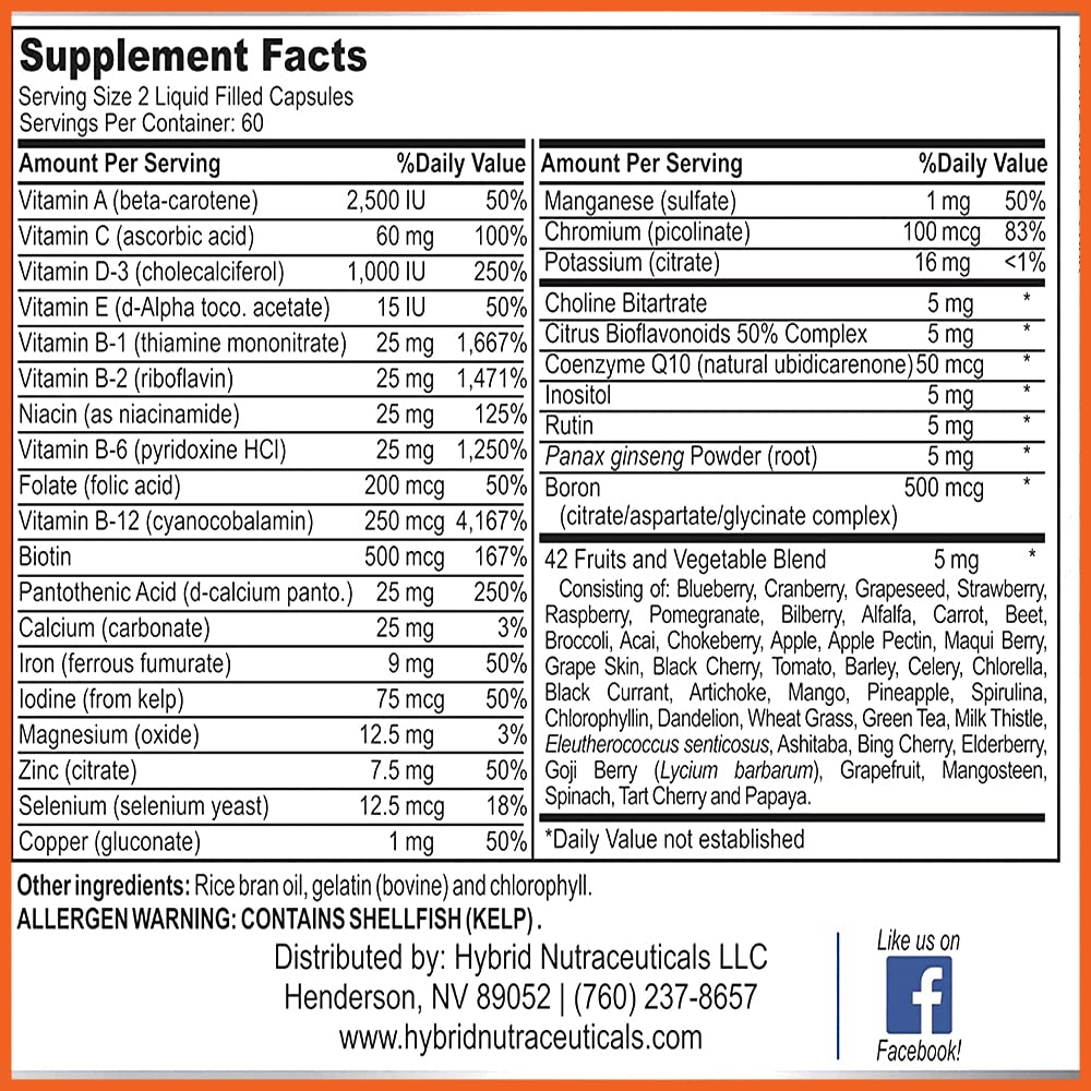MiracleMulti Liquid Multivitamin Capsules for Men & Women - Complete Whole Food Blend Daily Vitamin & Mineral Supplement with CoQ10, B12, 42 Superfood Enzyme - 120 Softgels Hybrid Nutraceuticals uk supplements