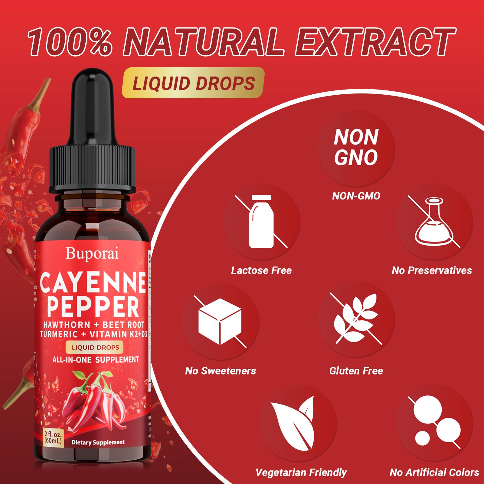 Buporai Cayenne Pepper Drops, Cayenne Pepper Extract Liquid Supplement for Overall Well-Being, 2 fl oz, Vitamin D3 K2 Beet Root Powder Buporai uk supplements