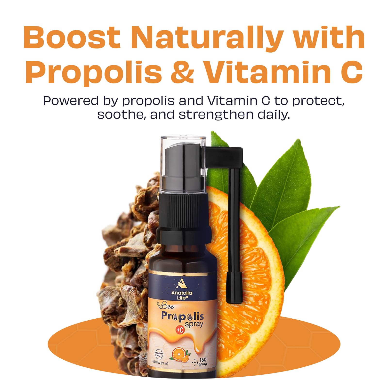 Anatolia Life Bee Propolis Spray + Vitamin C – Alcohol-Free, Natural Orange Flavor, 100% Pure Bee Propolis Extract, Antioxidant Support, Gentle Throat Comfort – 20 ml (~160 Sprays) Anatolia Life uk supplements
