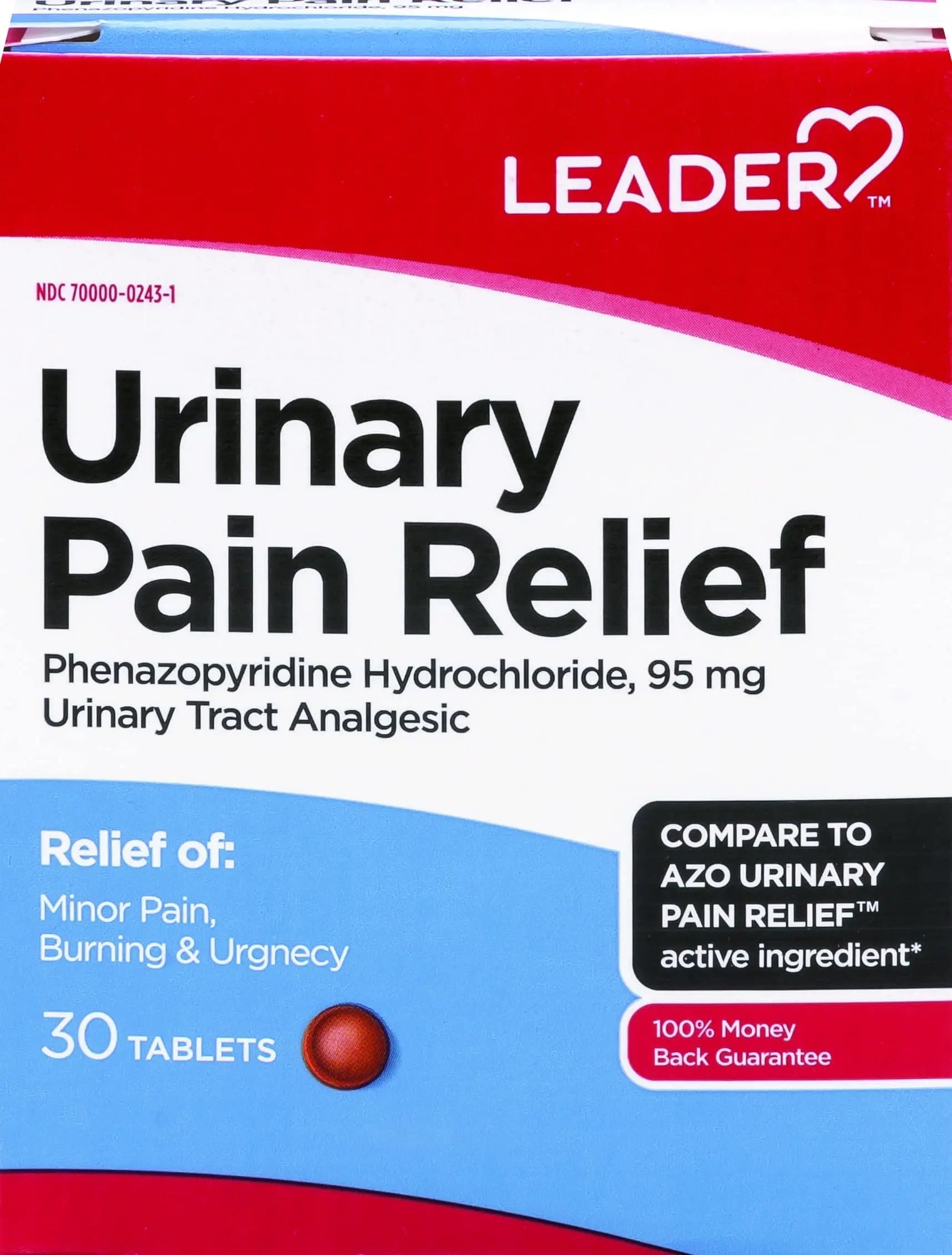 Leader Urinary Pain Relief Maximum Strength, Urinary Tract Analgesic, Relieves Burning and Urgency, Phenazopyridine Hydrochloride 95 mg, for Adults, Both Men & Women, 30 Tablets Leader uk supplements