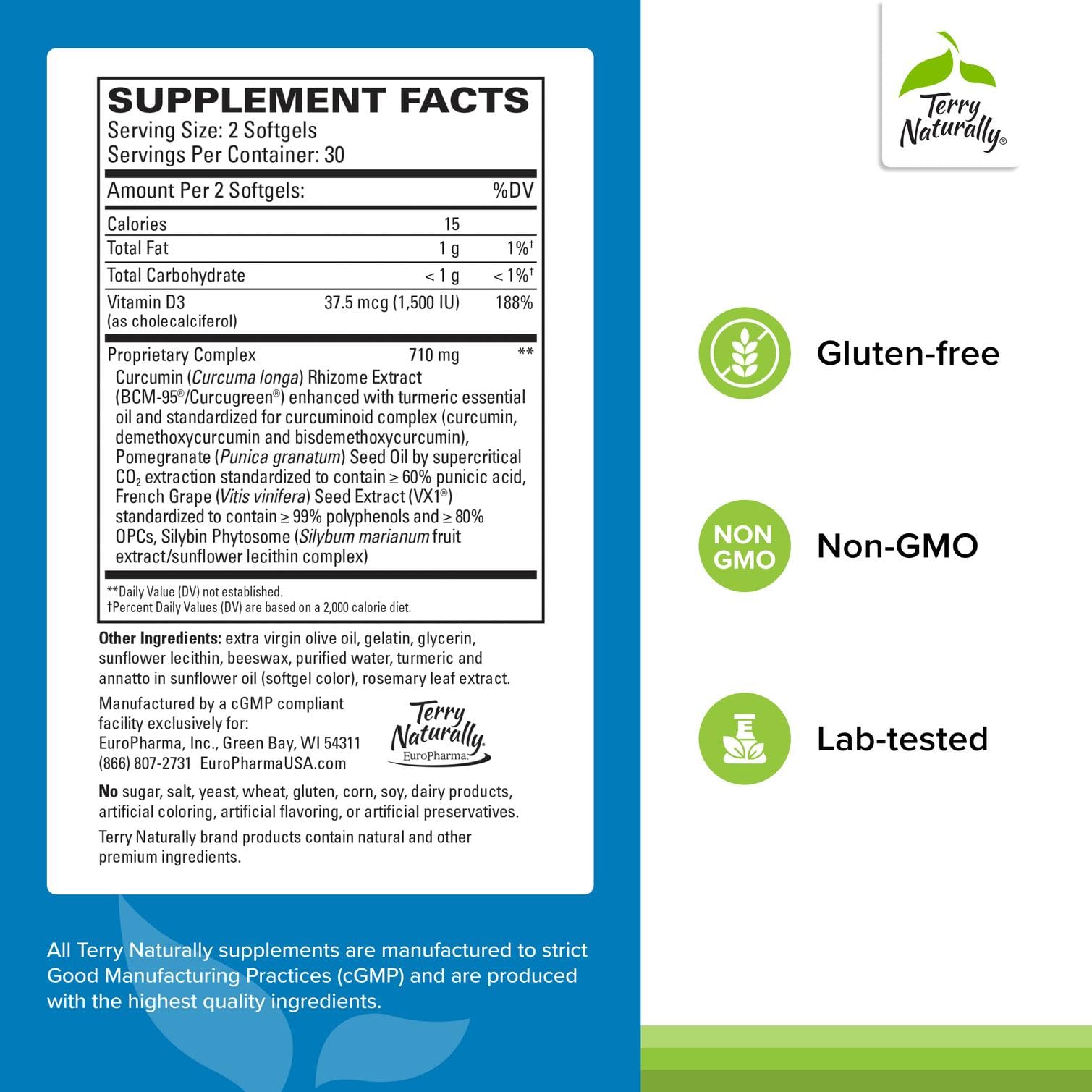 Terry Naturally Healthy PSA Levels - Dietary Supplement for Healthy Prostate & Hormone Balance Support - Herbal Supplement with Curcumin, Turmeric Essential Oil & Grape Seed Extract - 60 Softgels Terry Naturally uk supplements