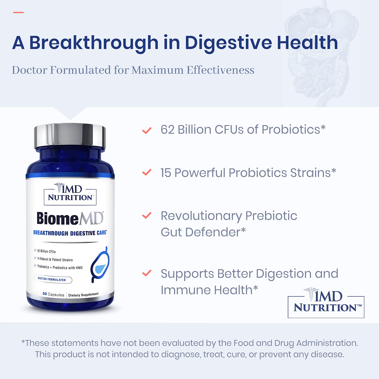 1MD Nutrition BiomeMD Probiotics | 62 Billion CFUs, 15 Comprehensive Strains - Pro & Prebiotics | Doctor-Formulated for Digestive Health & Immune Support | 30 Capsules 1MD Nutrition uk supplements