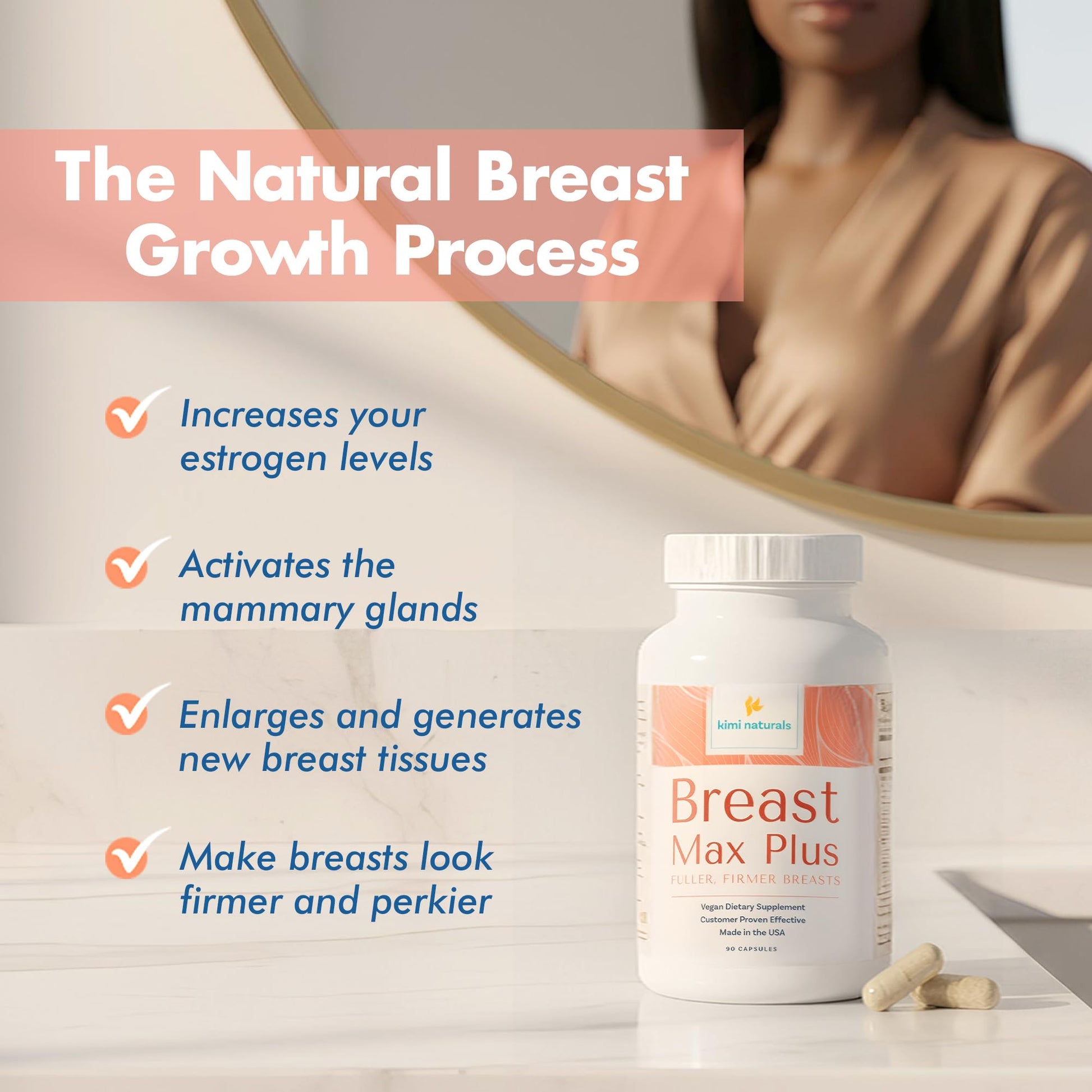 KIMI Naturals Breast Max Plus - Breast Enhancement Pills | Breast Enlargement Supplements with Fenugreek, Breast Growth, Supports Breast Firmness | 90 Capsules KIMI uk supplements