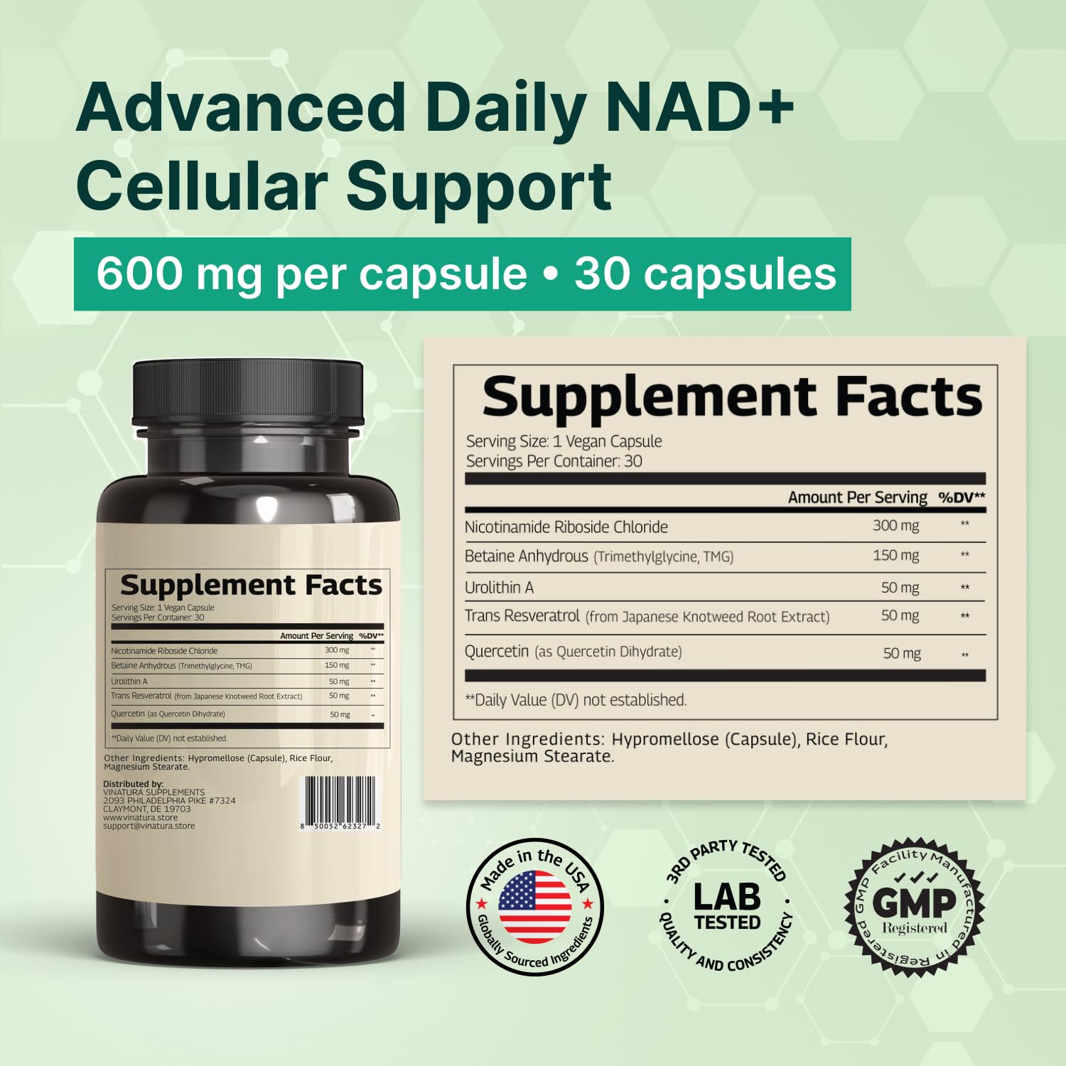 VINATURA NAD Supplement, Nicotinamide Riboside with Resveratrol - Advanced NAD+ Supplement with TMG and Urolithin A, for Women and Men - 30 Vegan Capsules VINATURA uk supplements