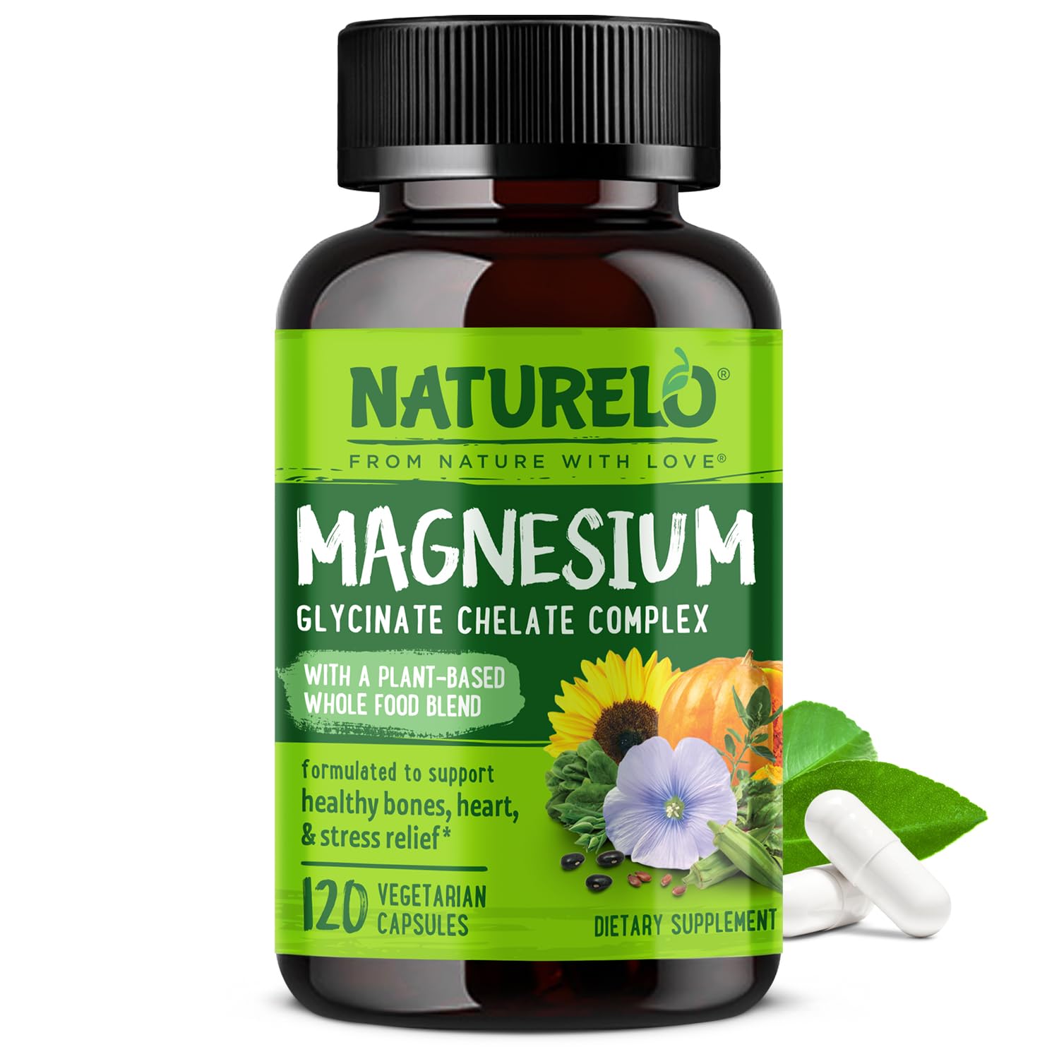 NATURELO Magnesium Glycinate Chelate Complex - 200 mg Magnesium with Organic Vegetables to Support Sleep, Calm, Muscle Cramp & Stress Relief - Gluten Free, Non GMO - 120 Capsules NATURELO uk supplements