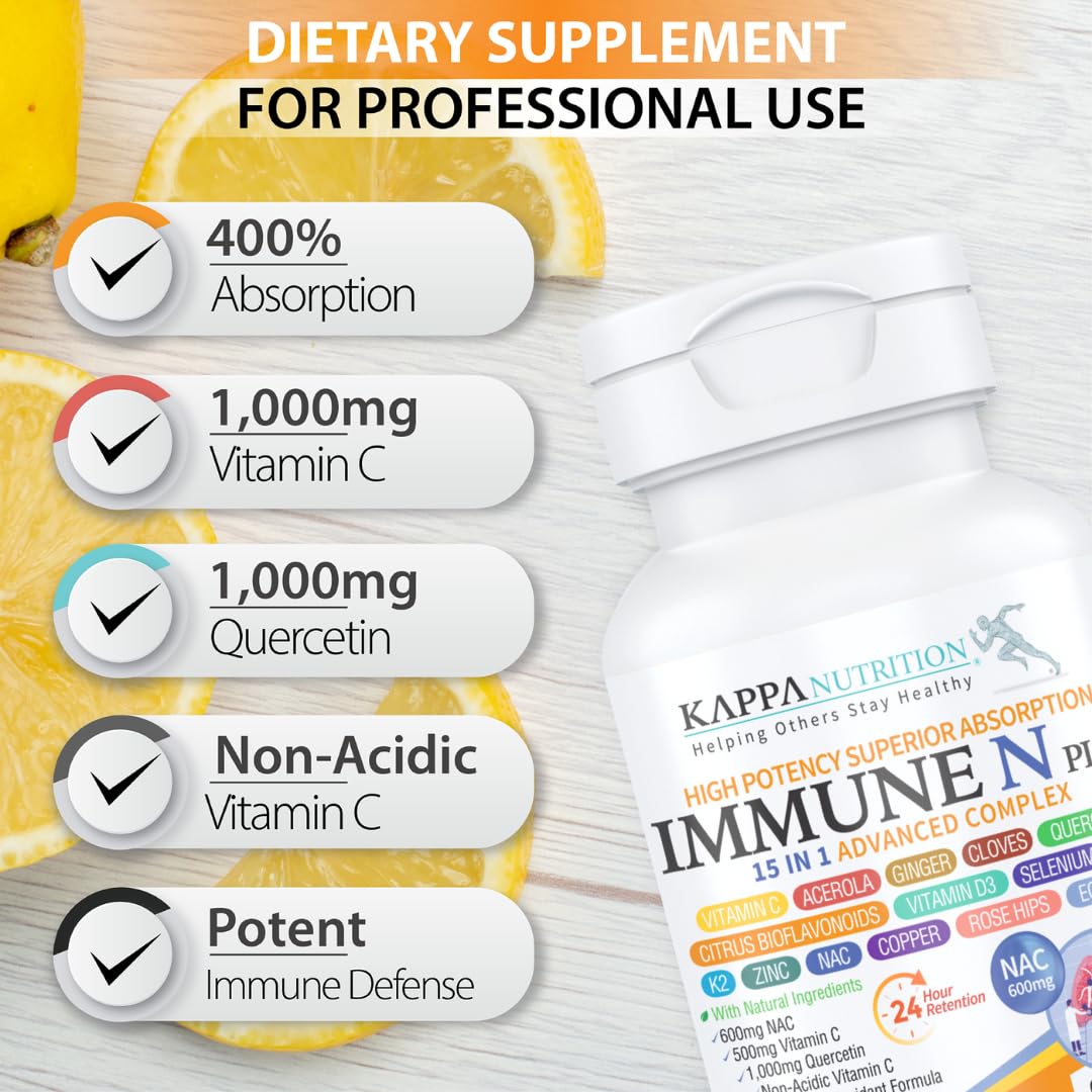 (60 Capsules), NAC 600mg, Quercetin 1,000mg, Vitamin C 500mg, Zinc 50mg, Vitamin D3 5,000iu, Selenium, Copper, Acerola, Ginger, Rutin, Citrus Bioflavonoids, Rose Hips, Echinacea, Immune N Plus 15 in 1 KAPPA NUTRITION uk supplements