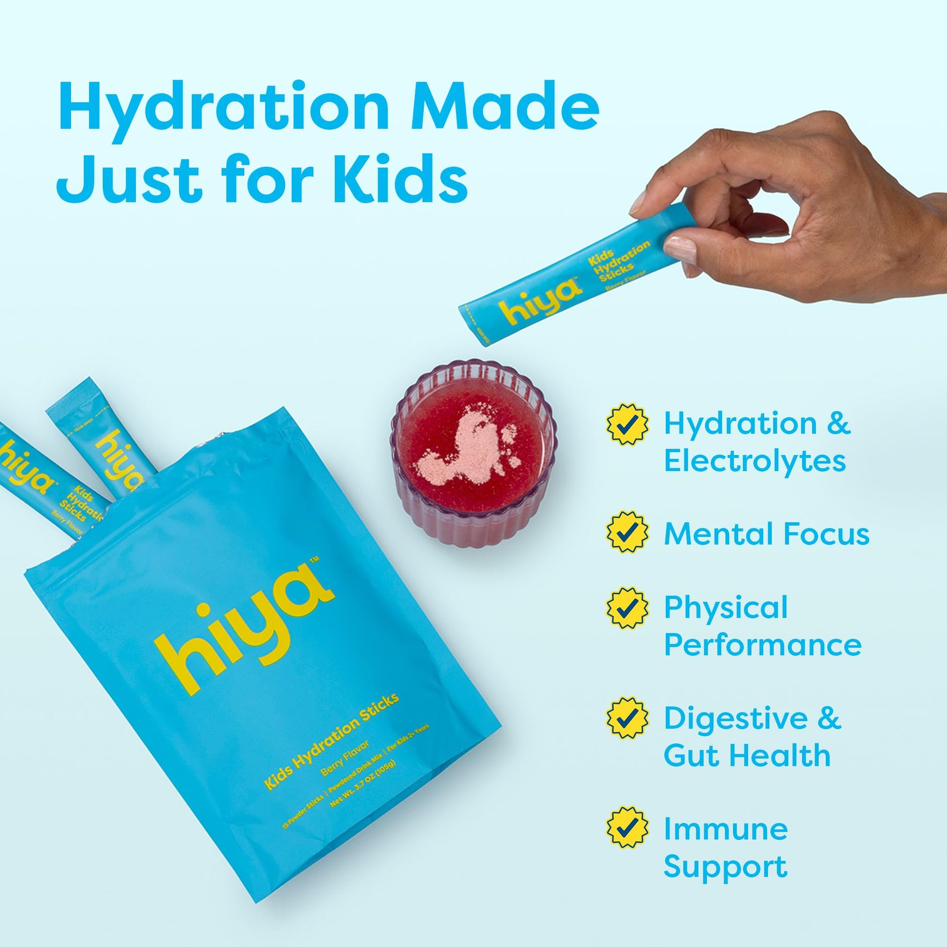 Hiya Kids Hydration with Electrolytes - Zero Added Sugar Berry Flavored Kids Hydration Packets - 15 Sticks - Travel-Friendly Drink Mix for Children Ages 2+ HIYA uk supplements