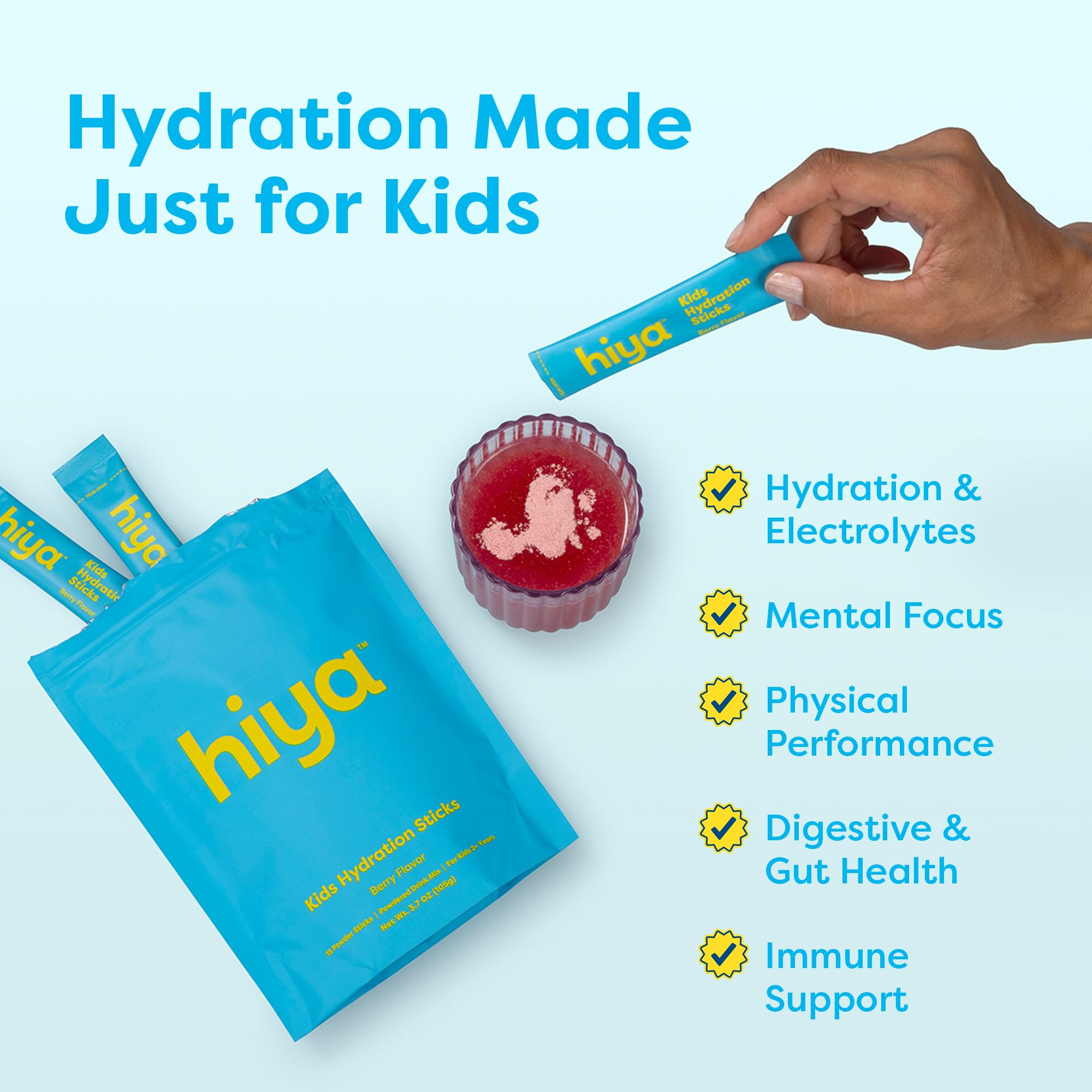 Hiya Kids Hydration with Electrolytes - Zero Added Sugar Berry Flavored Kids Hydration Packets - 15 Sticks - Travel-Friendly Drink Mix for Children Ages 2+ HIYA uk supplements