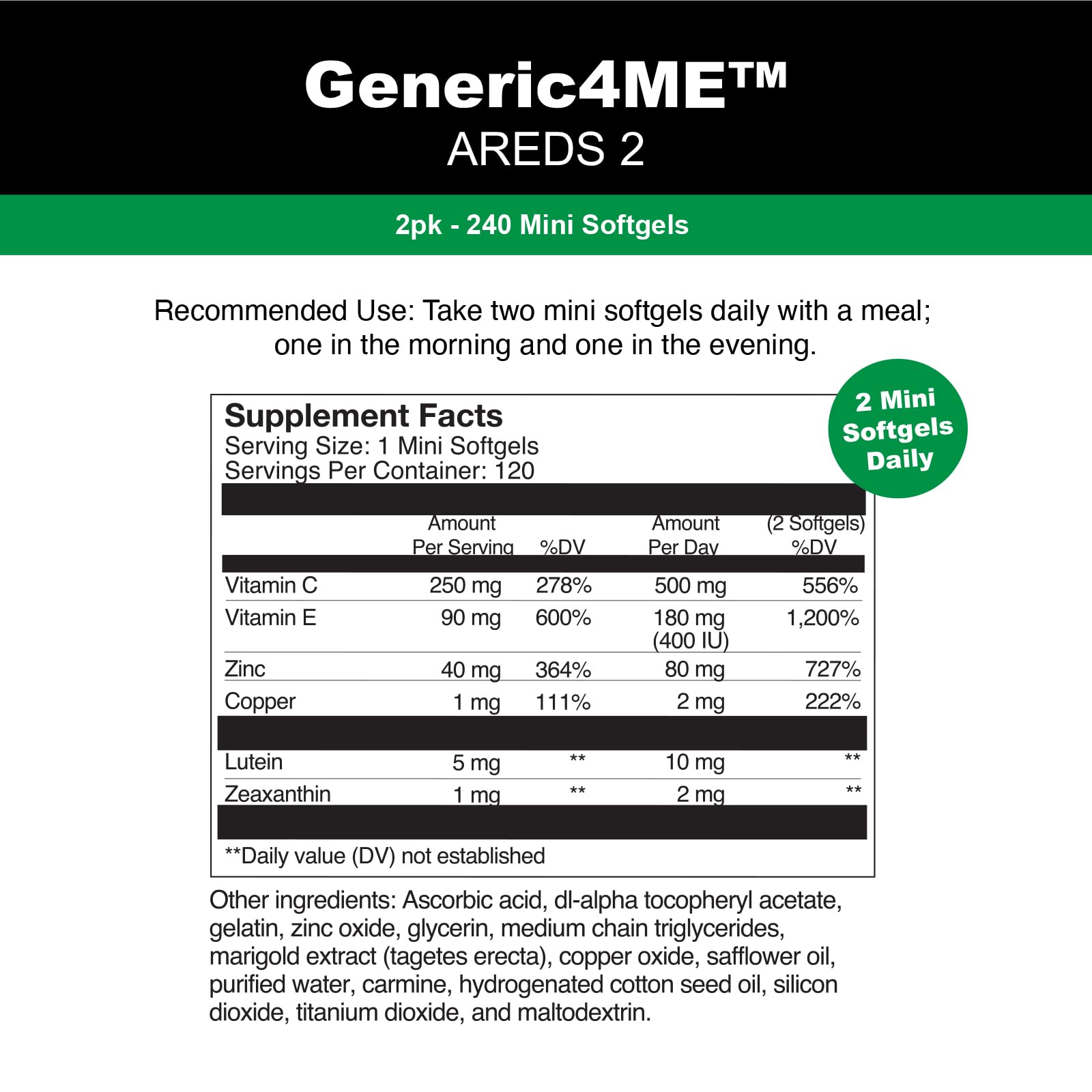 Generic4ME AREDS 2 SoftGels, 500 mg Vitamin C, 400 IU Vitamin E, 10 mg Lutein, 2 mg Zeaxanthin, 80 mg Zinc, 2 mg Copper - Supports Eye Health - 240 Mini SoftGels (Four Month Supply) Generic4ME uk supplements