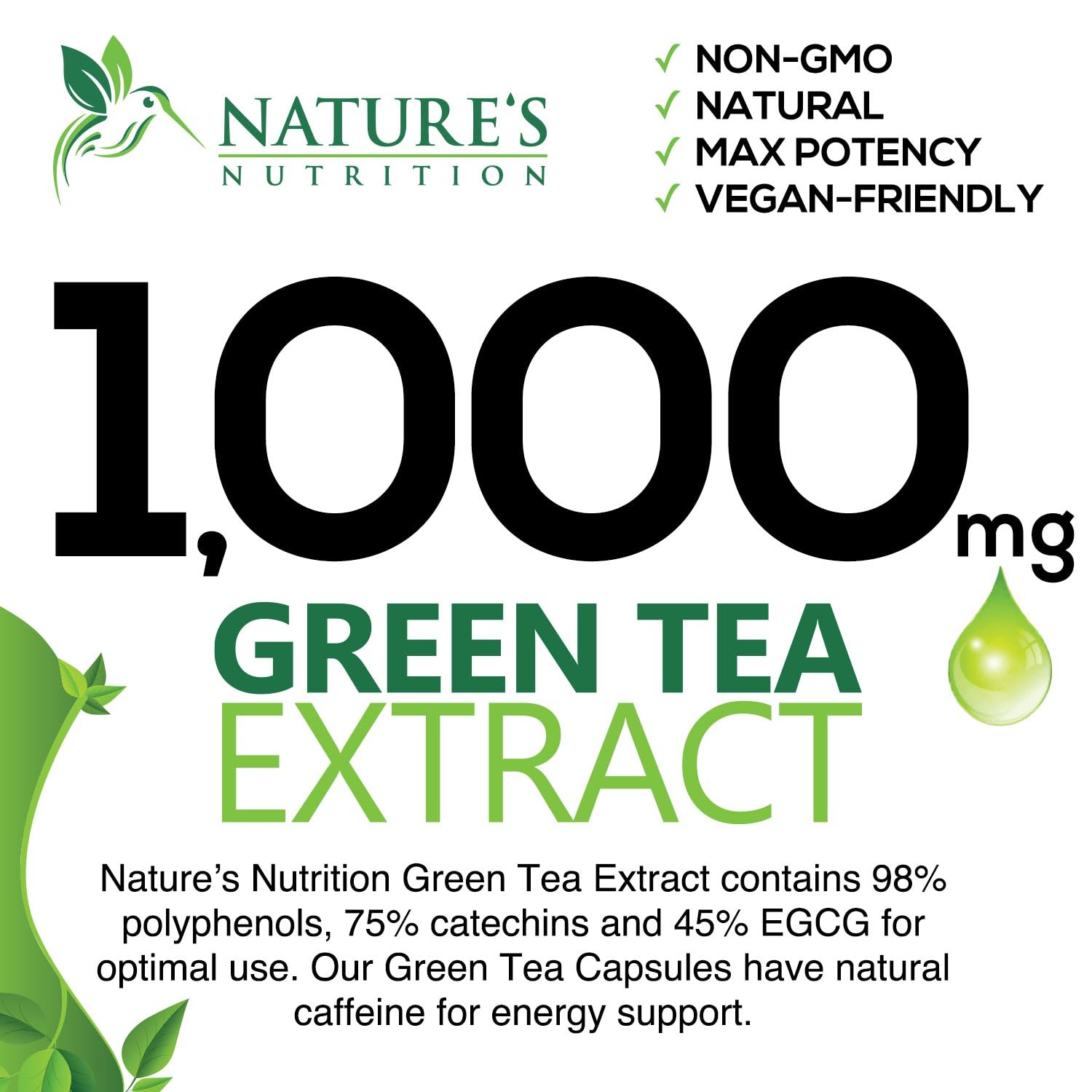 Green Tea Extract Capsules 1000mg 98% Standardized EGCG - 3X Strength for Natural Nature's Nutrition uk supplements