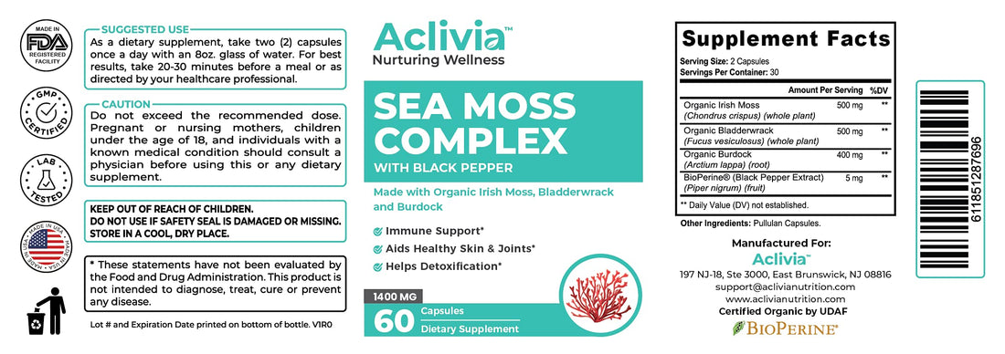 Aclivia - Organic Irish Sea Moss Capsules with Bladderwrack & Burdock Root - 102 Minerals Sea Moss Supplement - Thyroid Support, Immune Boost - Non-GMO (60 Count) Aclivia uk supplements