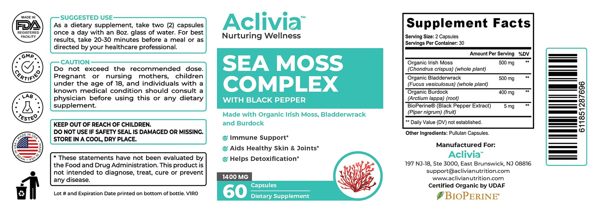 Aclivia - Organic Irish Sea Moss Capsules with Bladderwrack & Burdock Root - 102 Minerals Sea Moss Supplement - Thyroid Support, Immune Boost - Non-GMO (60 Count) Aclivia uk supplements