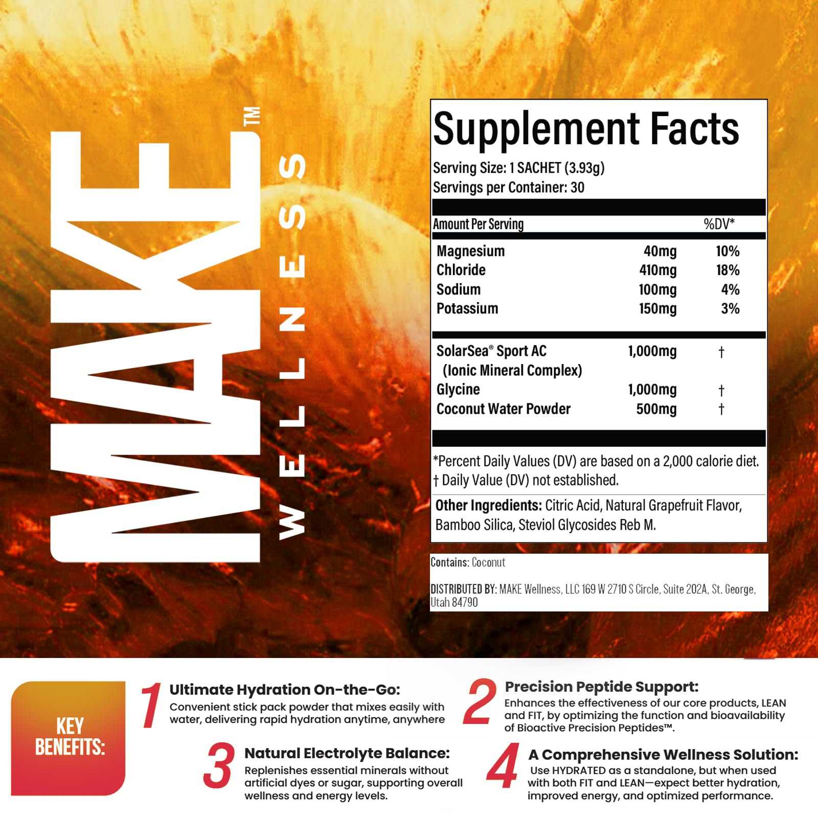 Make Wellness HYDRATED | 30 Servings | Grapefruit Flavor | Supports Hydration & Electrolyte Balance | Bioactive Peptide Blend for Daily Overall Wellness Make Wellness uk supplements