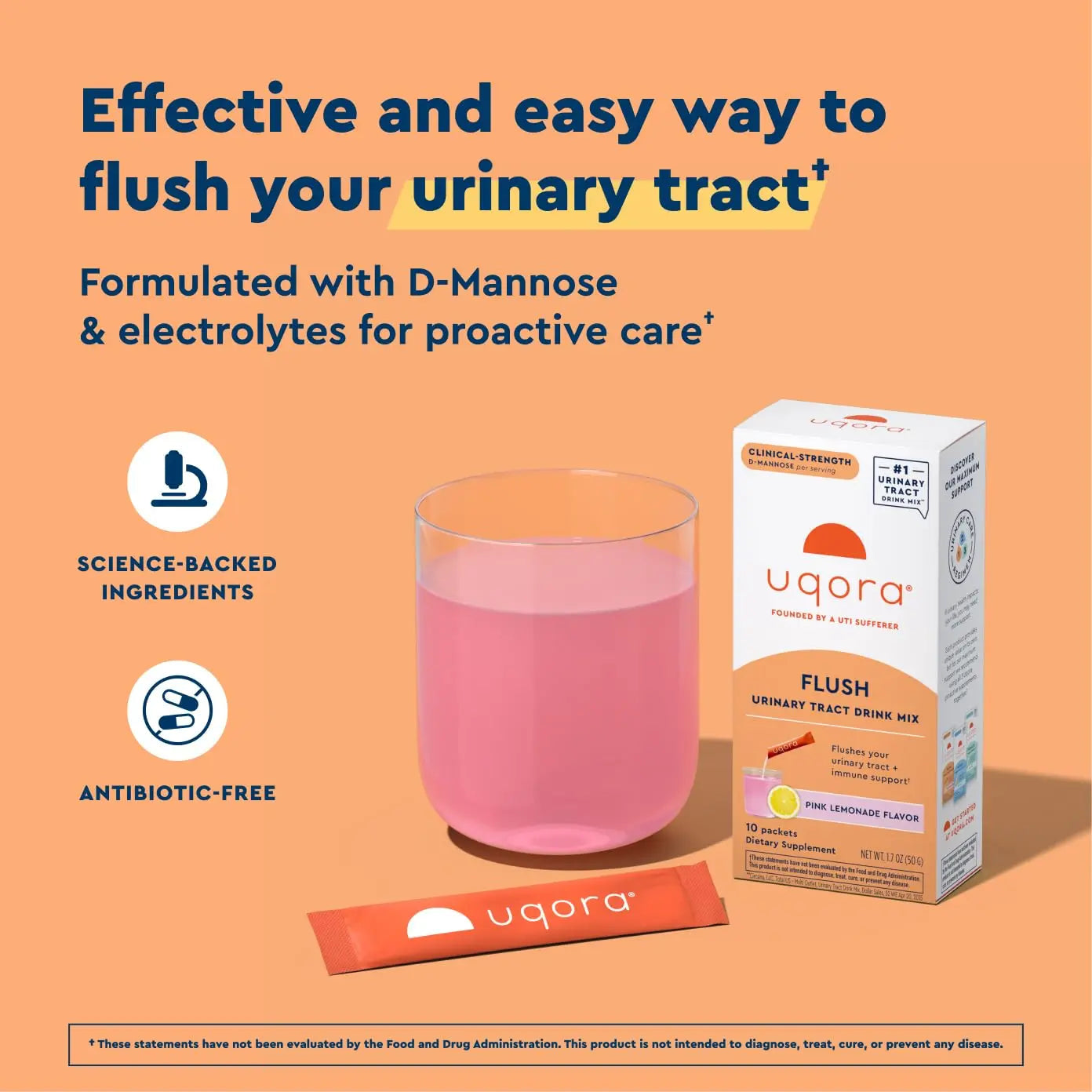 Uqora Flush - Urinary Tract* with D-Mannose, Vitamin C, Vitamin B6, Potassium, Magnesium & Calcium - Gluten-Free & Vegan - Pink Lemonade Flavor - 10 Packets (1 Pack) Uqora uk supplements