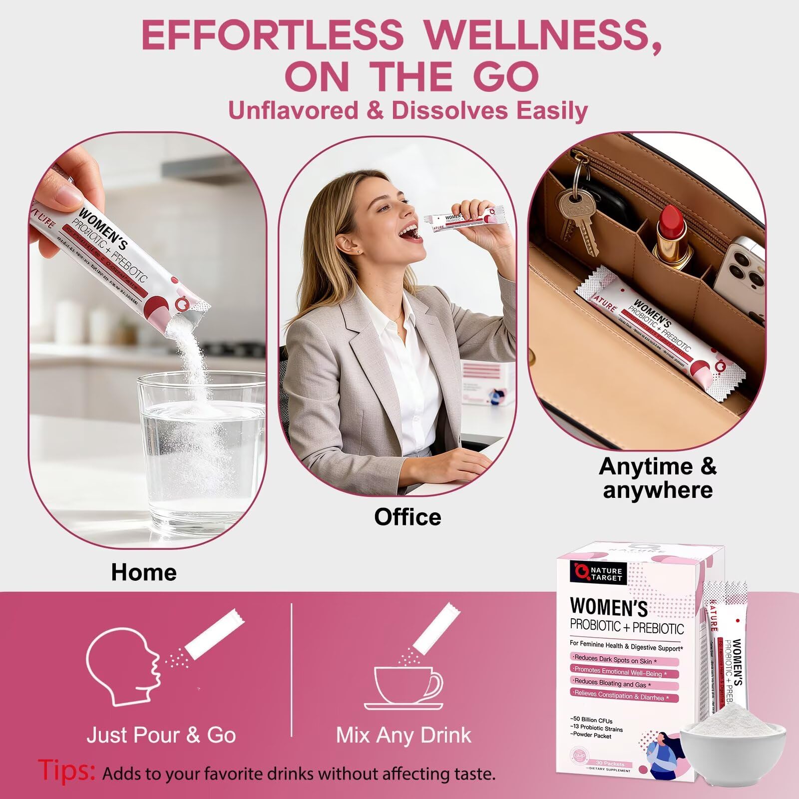 NATURE TARGET Probiotics for Women Probiotic Powder - 50 Billion CFUs, 13 Strains Supports for Digestive Vaginal Health, Bloating Relief, 30 Stick Packs NATURE TARGET uk supplements