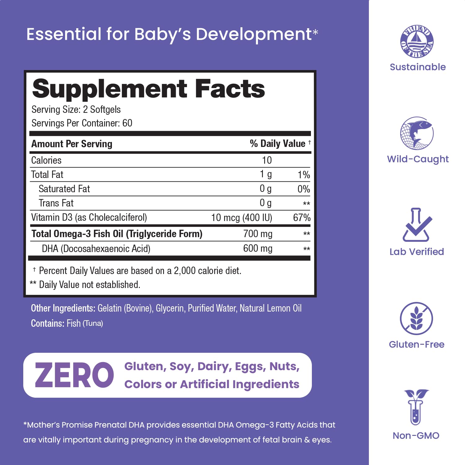 Prenatal DHA for Women 600mg + 400 IU Vitamin D3 | 120 Softgels | Supports Brain Health | Triglyceride Omega 3 Fish Oil DHA Prenatal Vitamins for Pregnancy & Nursing | 300mg per Capsule Mother's Promise uk supplements