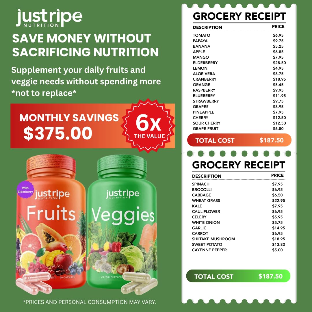 Fruits and Veggies Supplement - 90 Fruit and 90 Vegetable Capsules - 100% Whole Natural Superfood - Filled with Super Greens Vitamins and Minerals - Supports Balance Energy Levels (1 Pack) Just Ripe Nutrition uk supplements