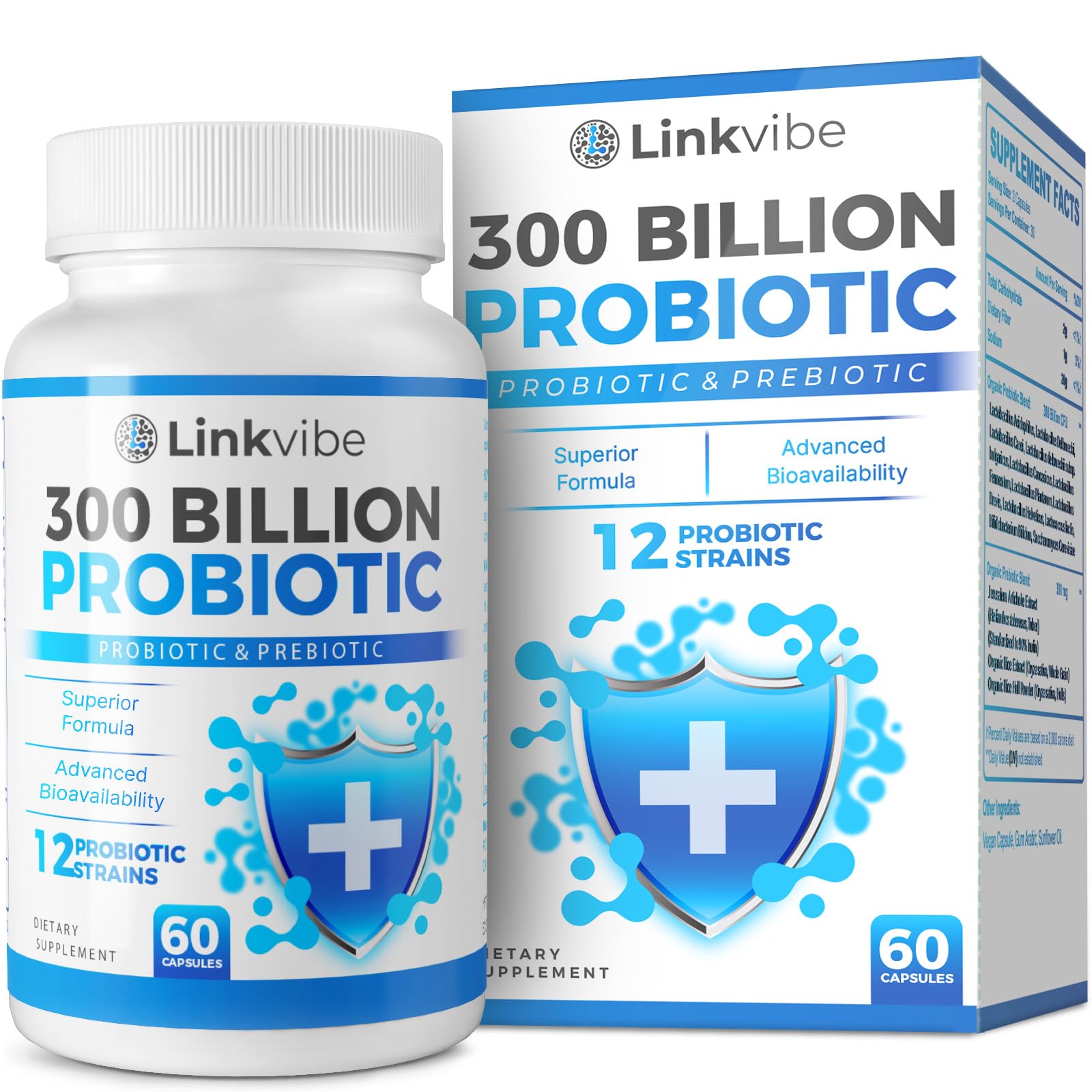 Probiotic 300 Billion CFU - 12 Strains with Organic Prebiotics for Digestive & Gut, Immune, Bloating Health - Probiotics for Women and Men - Daily Dairy Free, Shelf Stable - 60 Counts Linkvibe uk supplements