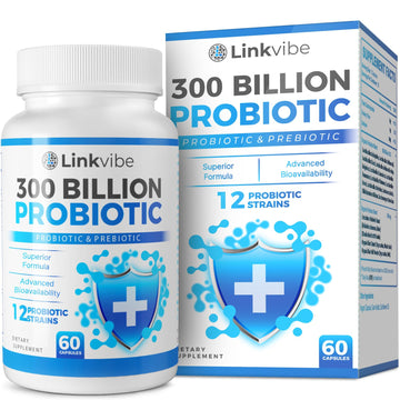 Probiotic 300 Billion CFU - 12 Strains with Organic Prebiotics for Digestive & Gut, Immune, Bloating Health - Probiotics for Women and Men - Daily Dairy Free, Shelf Stable - 60 Counts Linkvibe uk supplements