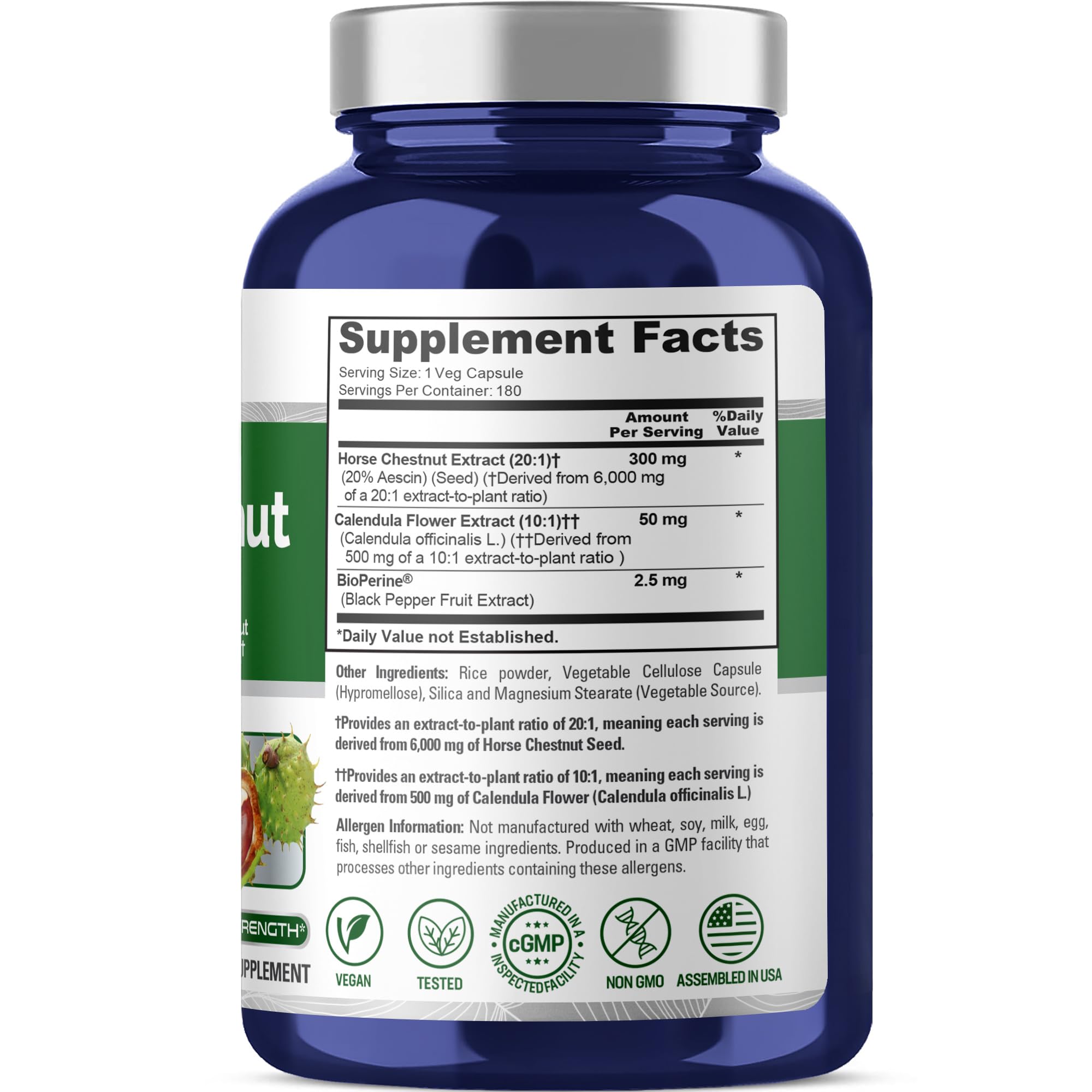 NusaPure Horse Chestnut 20:1 Extract, 300 mg Equivalent to 6,000mg 180 Veggie Caps Non-GMO, Vegan, BioPerine, Calendula Flower NusaPure uk supplements