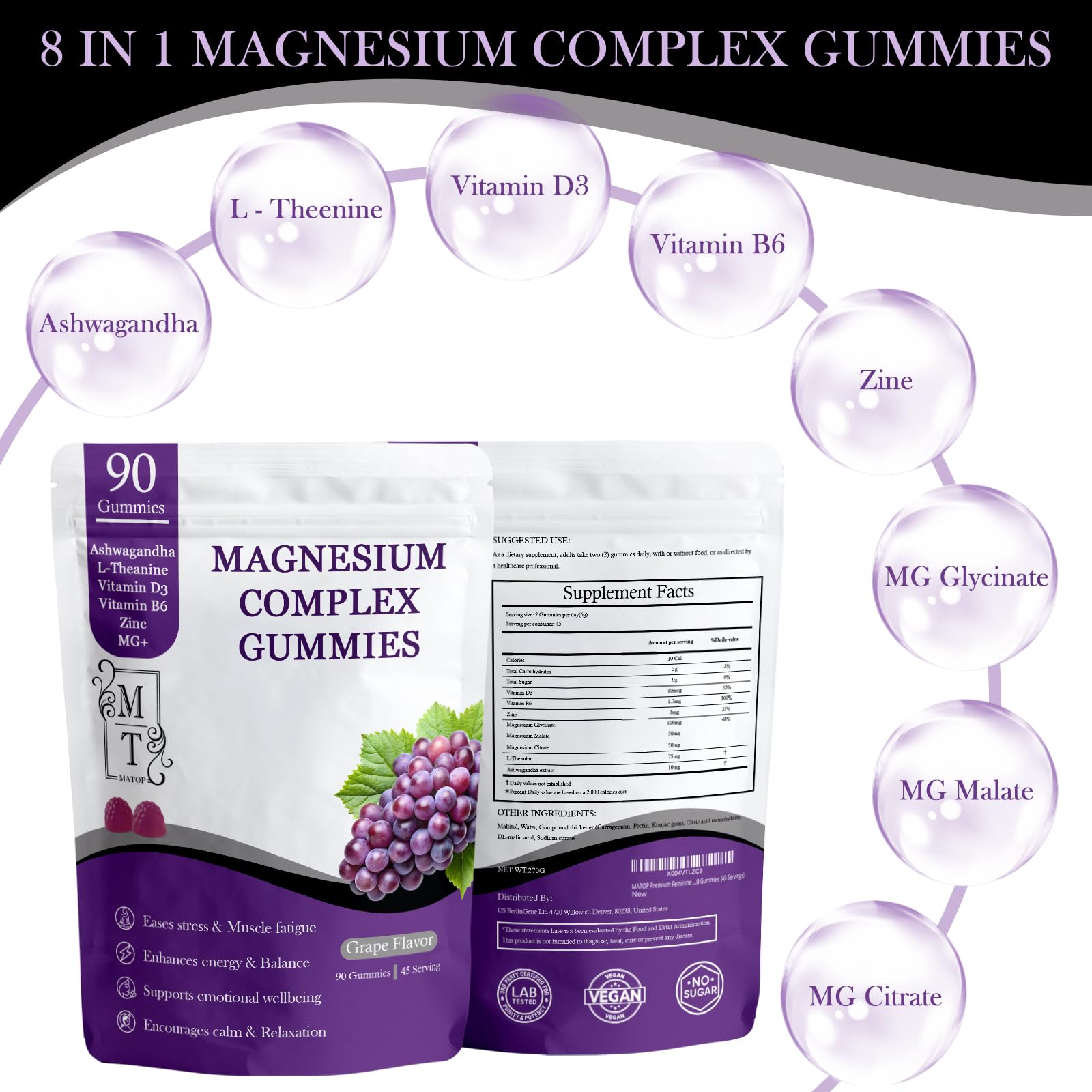 MATOP Magnesium Complex for Women Gummies - 8 in 1 Triple Magnesium Complex (Glycinate, Malate, Citrate) with L-Theanine, Ashwagandha, Vitamin D3, B6 & Zinc - Stress, Calm & Focus - 90 Vegan Gummies MATOP uk supplements