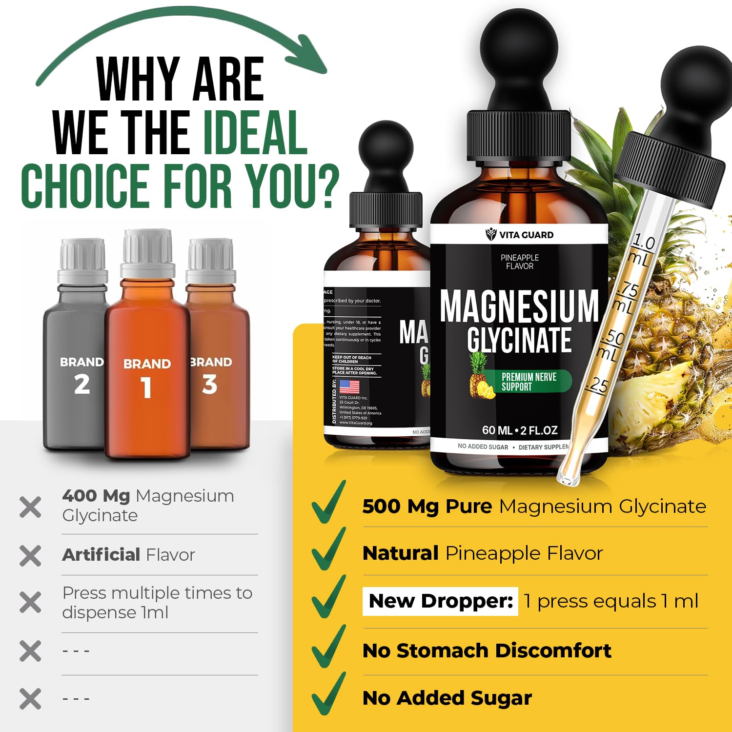 Magnesium Glycinate 500mg Liquid Drops – Sugar-Free Magnesium Supplement, Vegan Formula, 60 mL Flavor Pineapple Vita Guard uk supplements