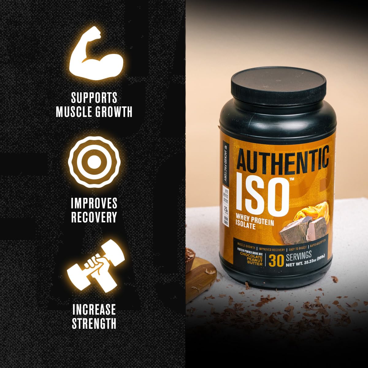 Jacked Factory Authentic ISO Grass Fed Whey Protein Isolate Powder - Low Carb, Non-GMO Muscle Building Protein w/No Fillers, Post Workout Recovery, Chocolate Peanut Butter - 25 Servings Jacked Factory uk supplements