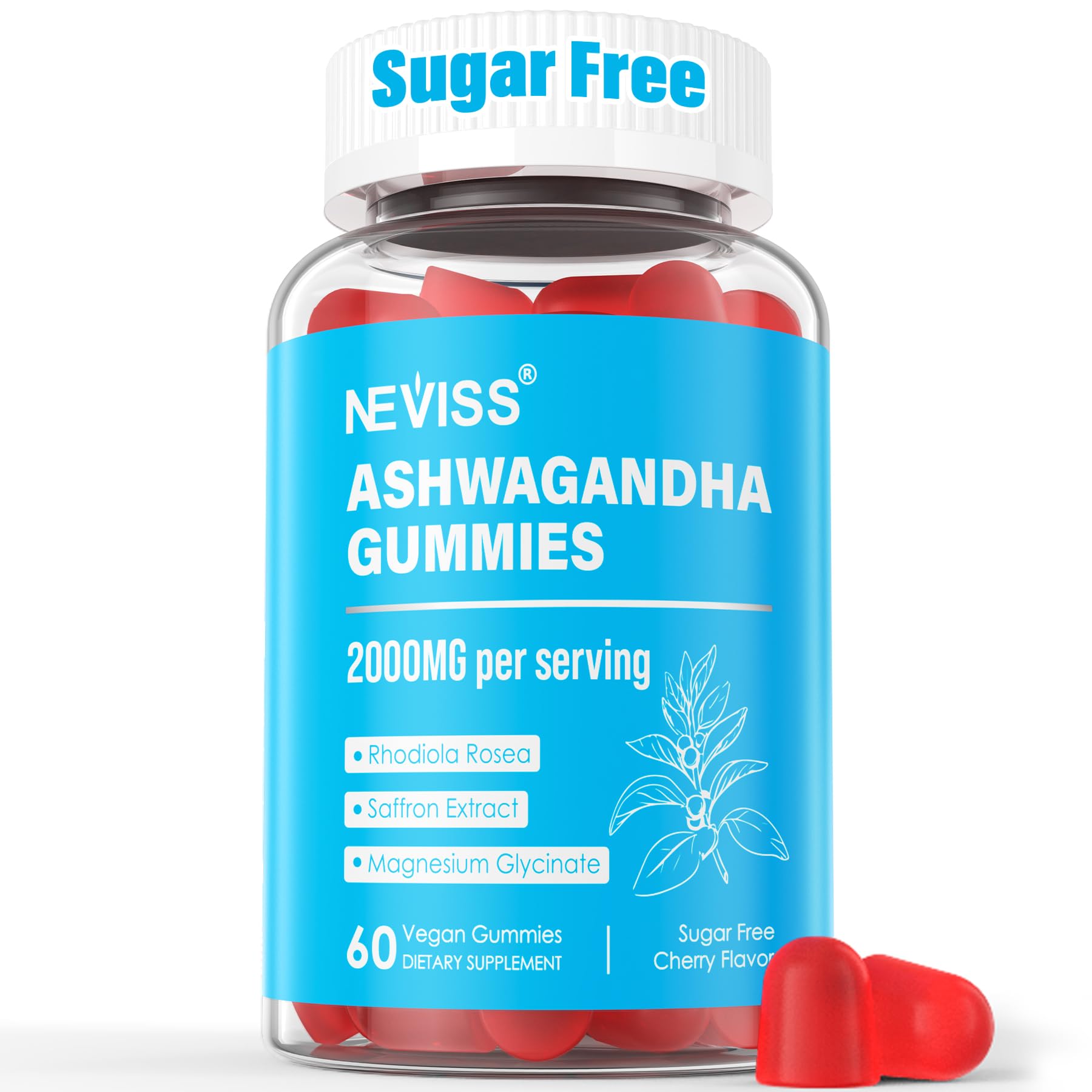 Sugar Free Ashwagandha Gummies - with Magnesium Glycinate, Rhodiola Rosea, Zinc, Lemon Balm, B6 - Relaxation Support, Natural Zzz, Stamina, Energy for Men Women - 60 Counts NEVISS uk supplements