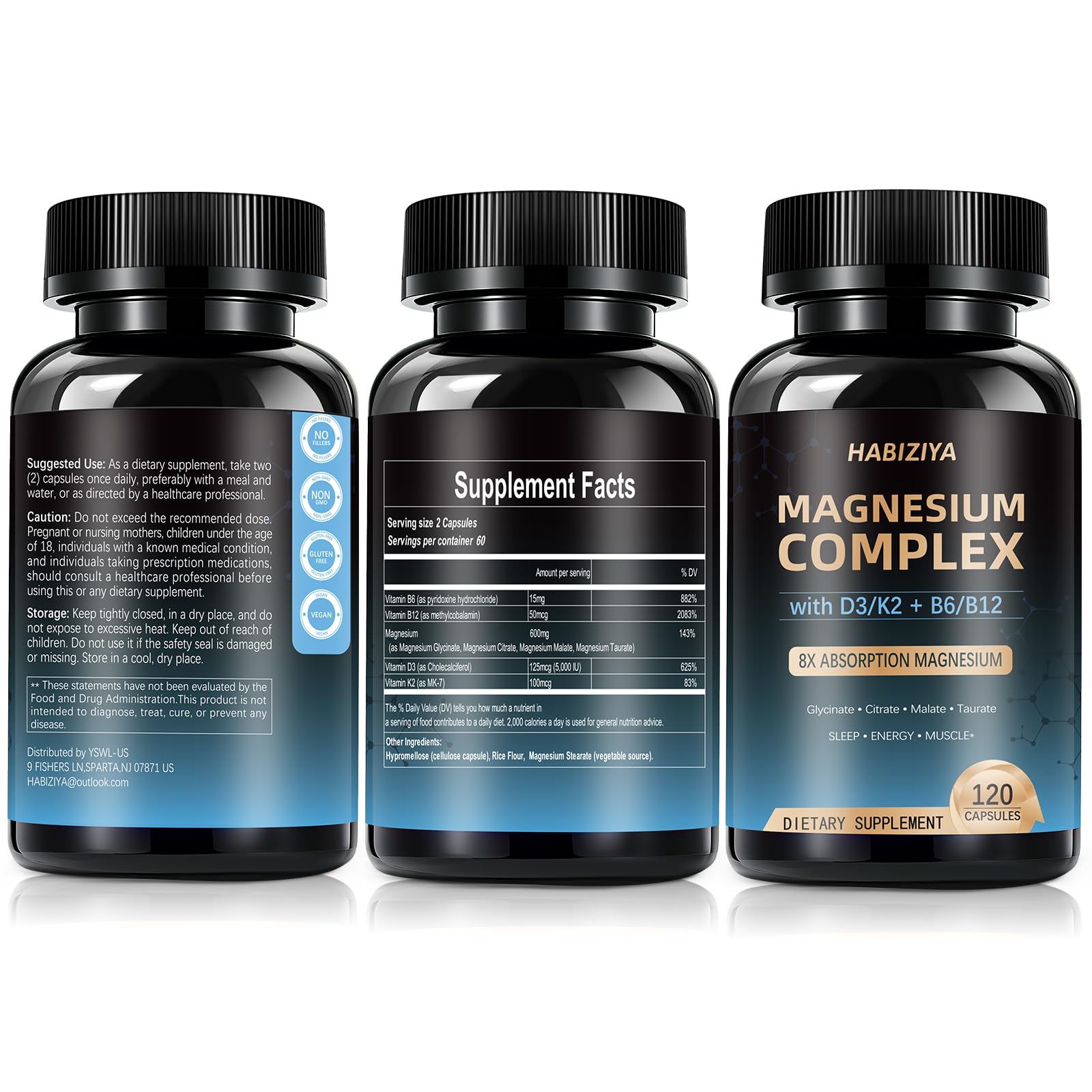 Magnesium Complex Supplement 600mg with with D3 K2 MK7 & B Vitamins High Absorption Capsules with Glycinate, Citrate & Malate,Taurate Relaxation,Muscle,Heart Support, Vegan 120 Capsules HABIZIYA uk supplements