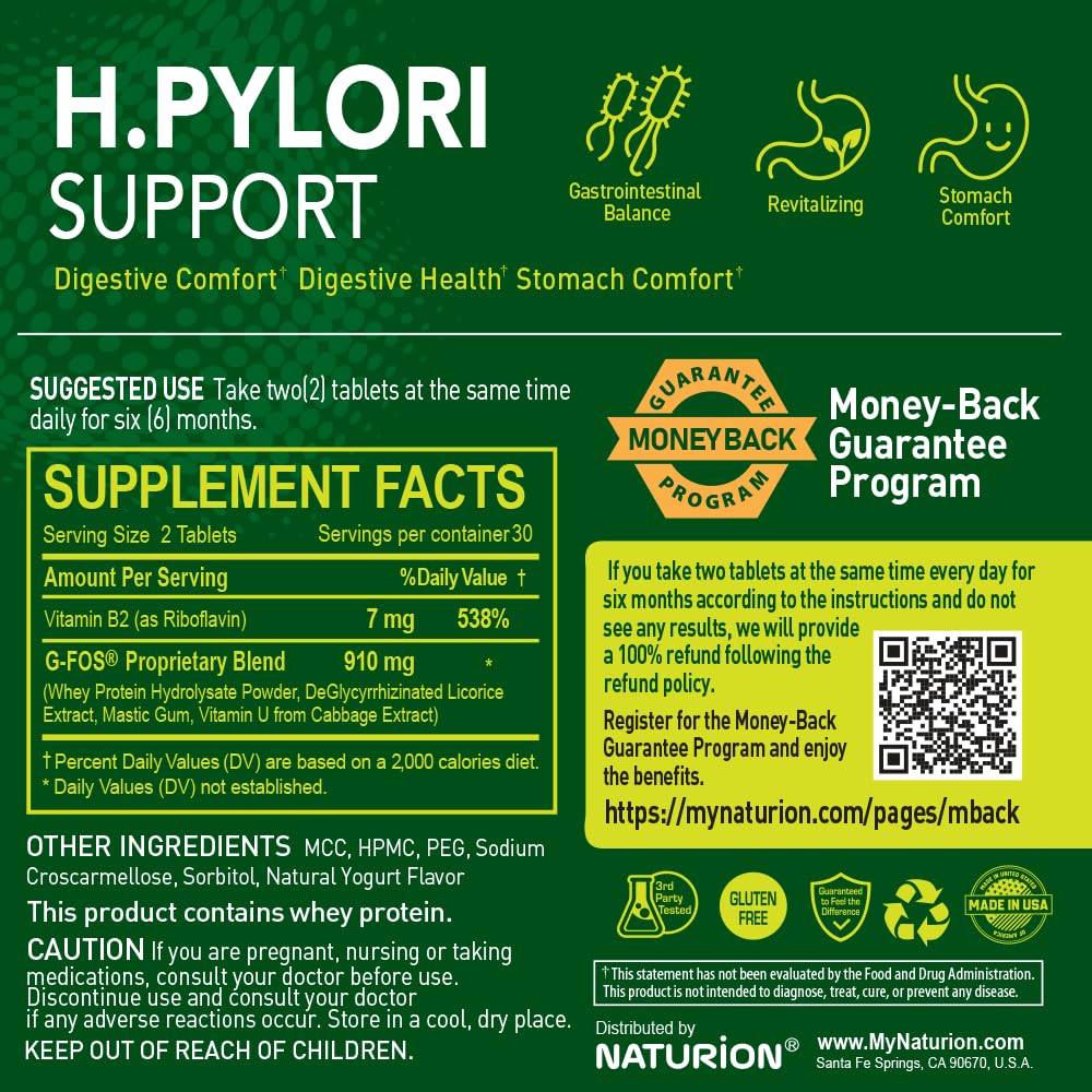 NATURION H. Pylori Support - Digestive Health Supplement with G-FOS Blend, Whey Protein, Licorice, Mastic Gum, Vitamin U, and Vitamin B2 - Stomach Comfort & Gut Balance - 60 Tablets, 30 Day Supply NATURION uk supplements