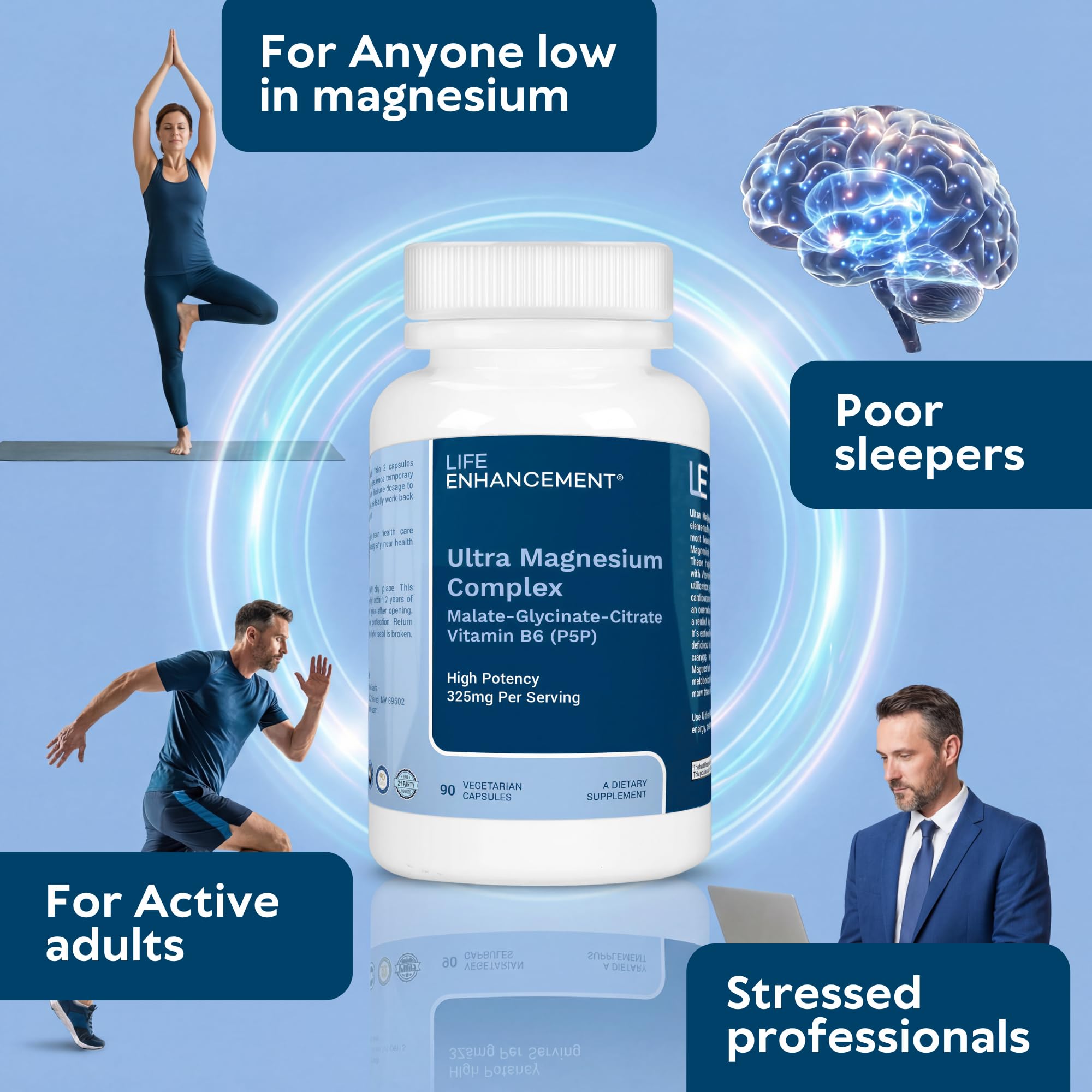 Life Enhancement Ultra Triple Magnesium Complex - 325 mg - with B6, Glycinate, Malate & Citrate - Magnesium Supplement Enhance Sleep and Brain Function - Made in USA (90 Vegetarian Capsules) Life Enhancement uk supplements