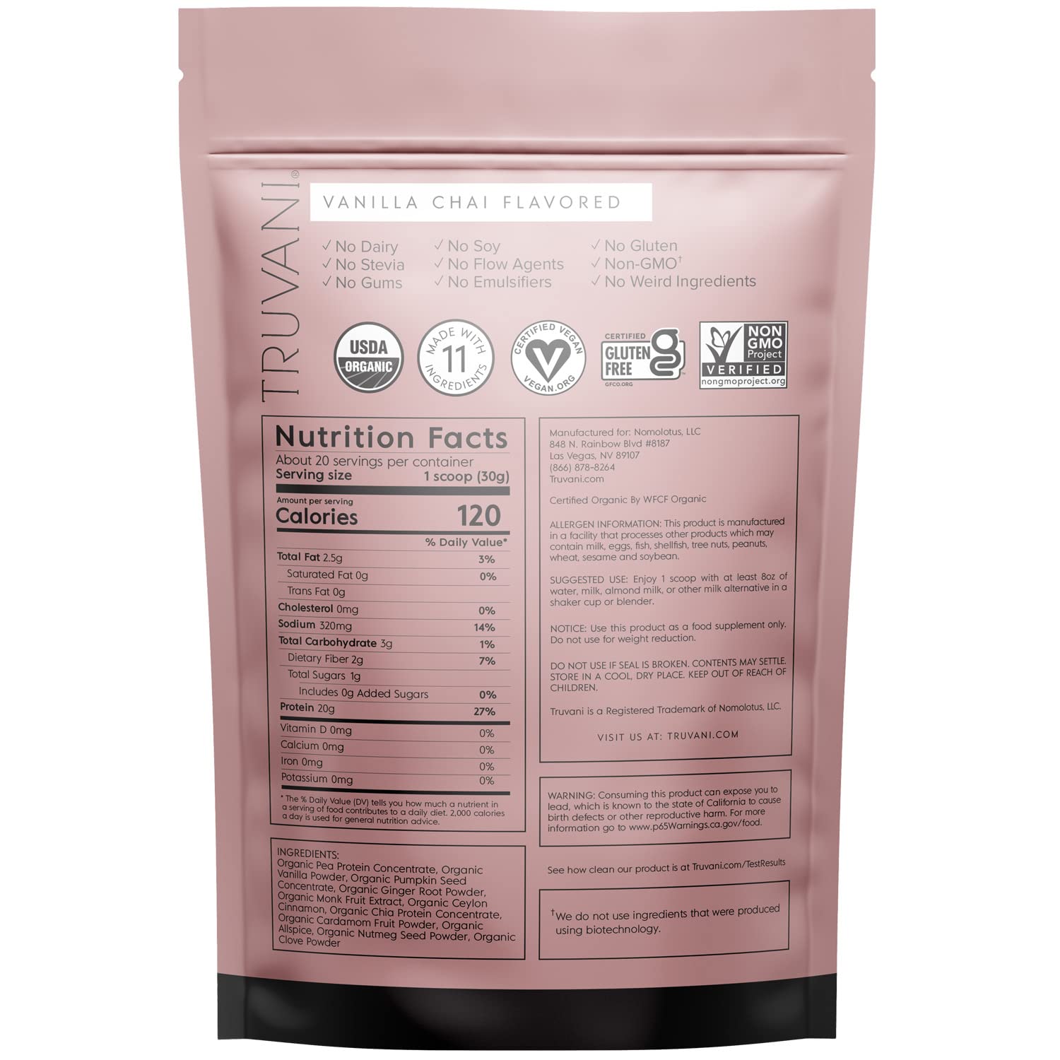 Truvani Organic Vegan Protein Powder Vanilla Chai - 20g of Plant Based Protein, Organic Truvani uk supplements
