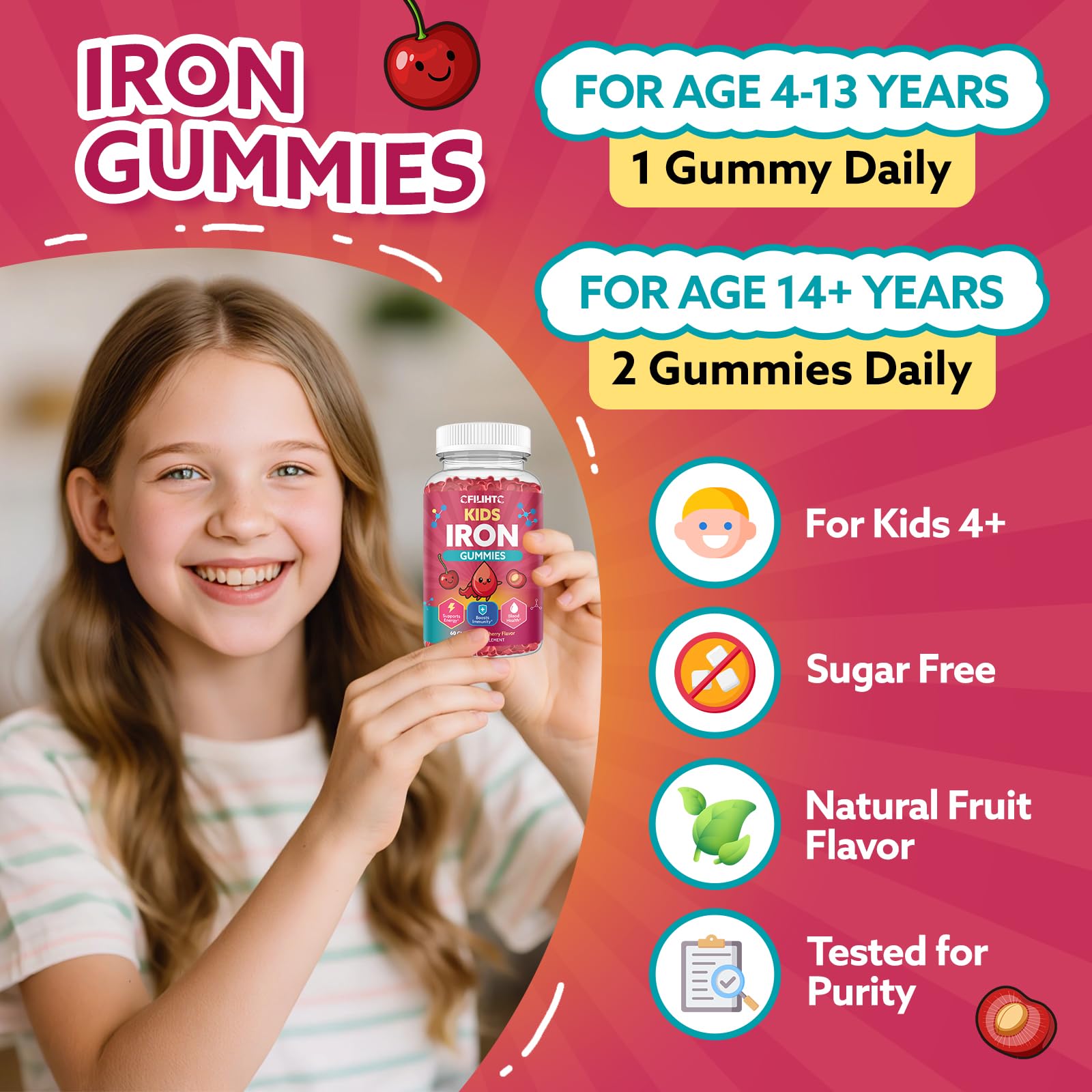 Iron Gummies for Kids & Teens, Kids Multivitamin with Iron Supplement, Calcium, Folate, Zinc, Prebiotic - for Blood Builder & Energy Support, Iron Deficiency - Vegan & Non-GMO - 60 Count Cherry CFILIHTC uk supplements