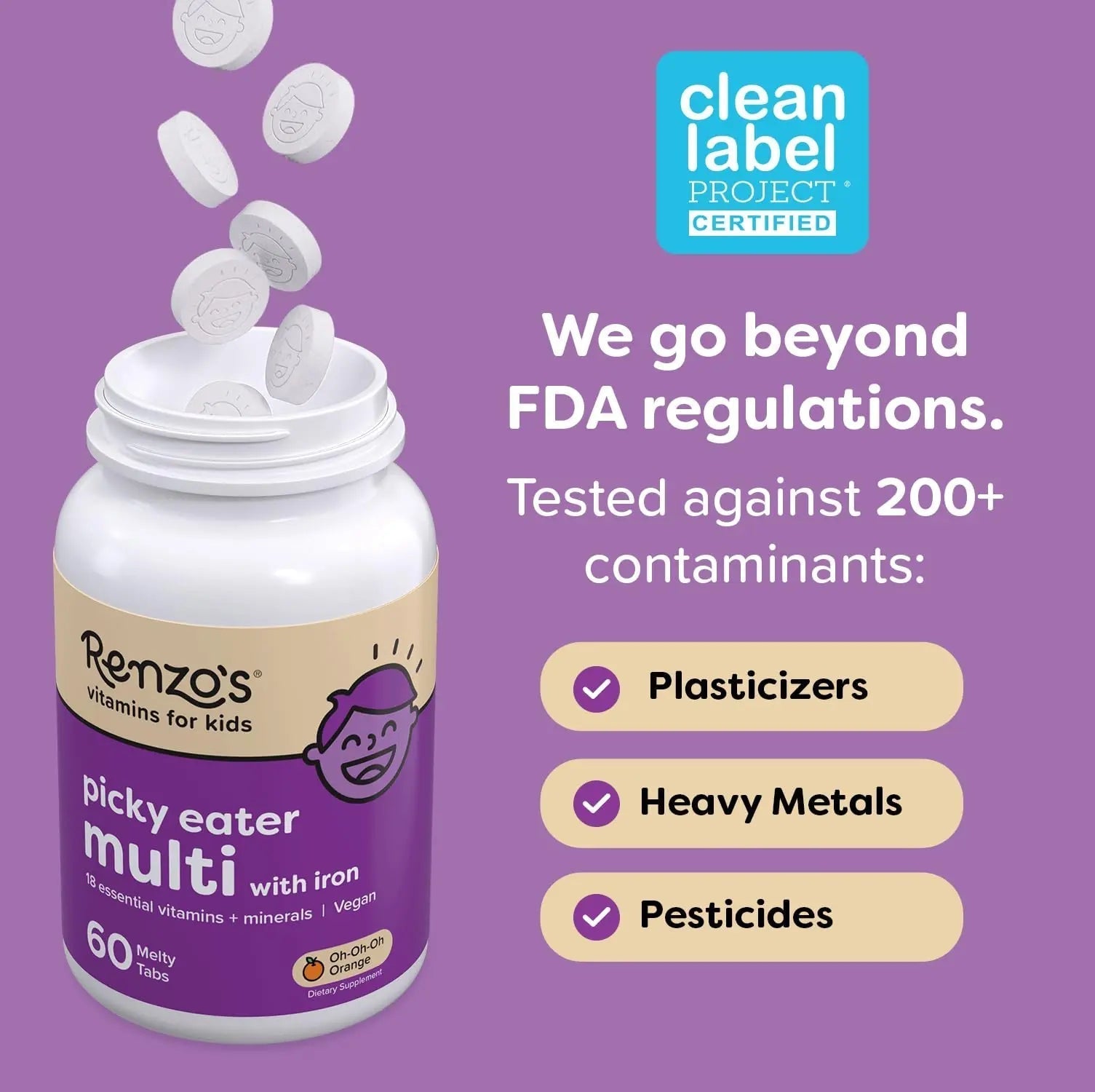 Renzo's Picky Eater Kids Multivitamin with Iron, Dissolving Kids Vitamins with Vitamin D3 and K2 and More, 60 Sugar-Free Melty Tabs Renzo's uk supplements