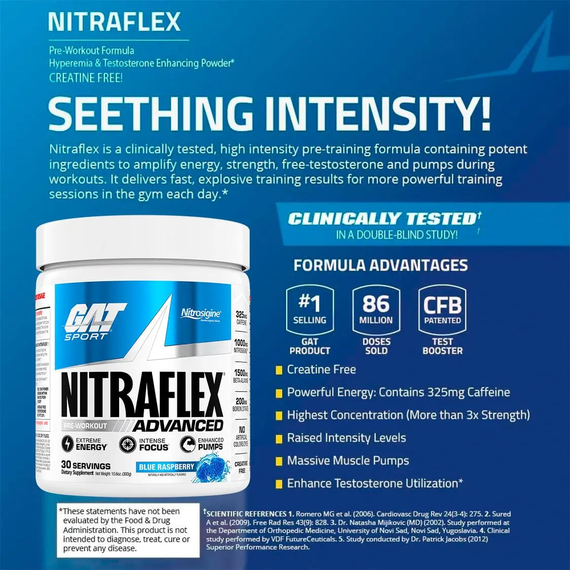 GAT SPORT Nitraflex Advanced Pre-Workout Powder, Increases Blood Flow, Boosts Strength and Energy, Improves Exercise Performance, (Blue Raspberry, 30 Servings) GAT SPORT uk supplements