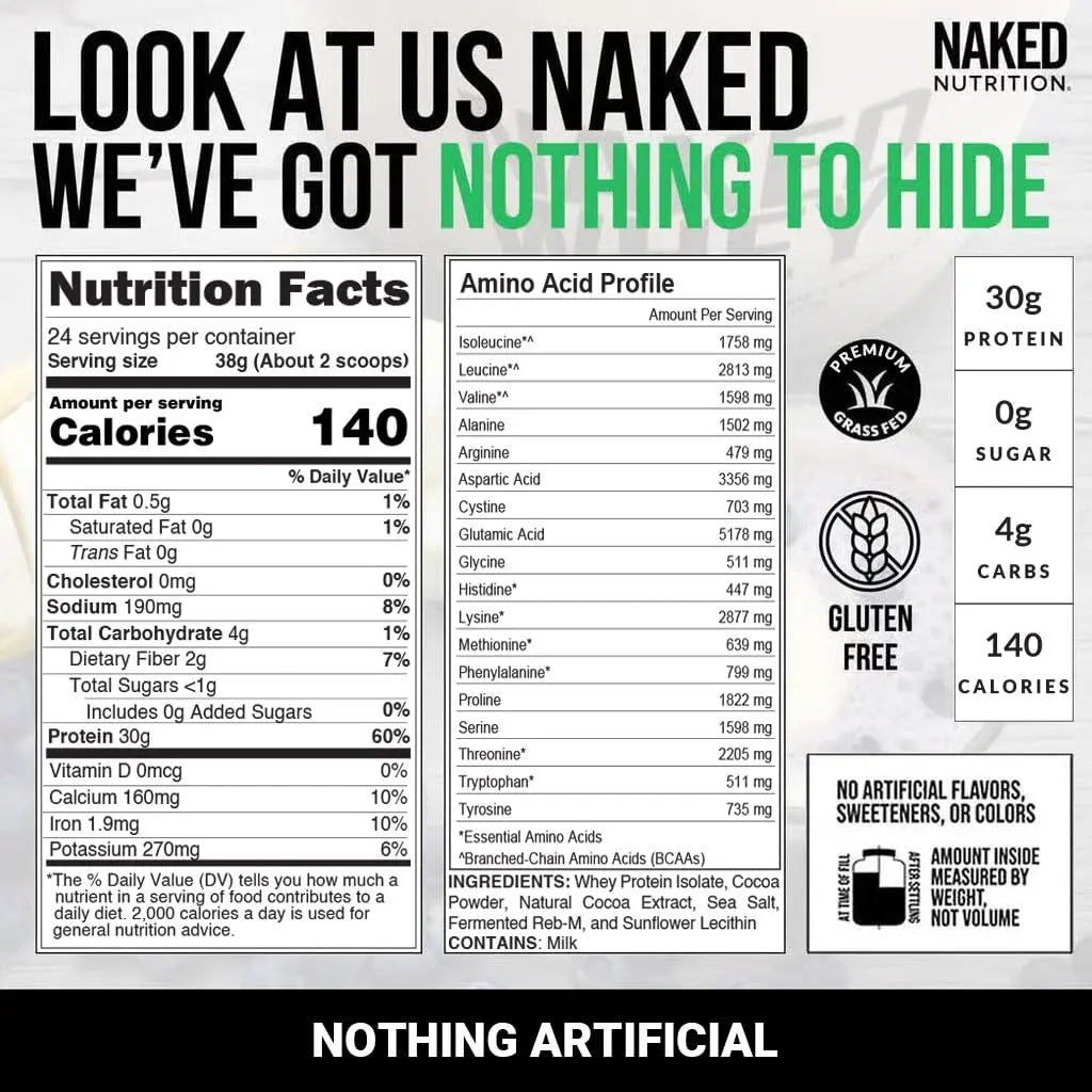 NAKED Chocolate Whey Isolate Protein - Only 6 Ingredients, 30g Grass-Fed Protein, Undenatured, No GMO, No Soy, Gluten-Free, No Preservatives - 24 Servings NAKED uk supplements