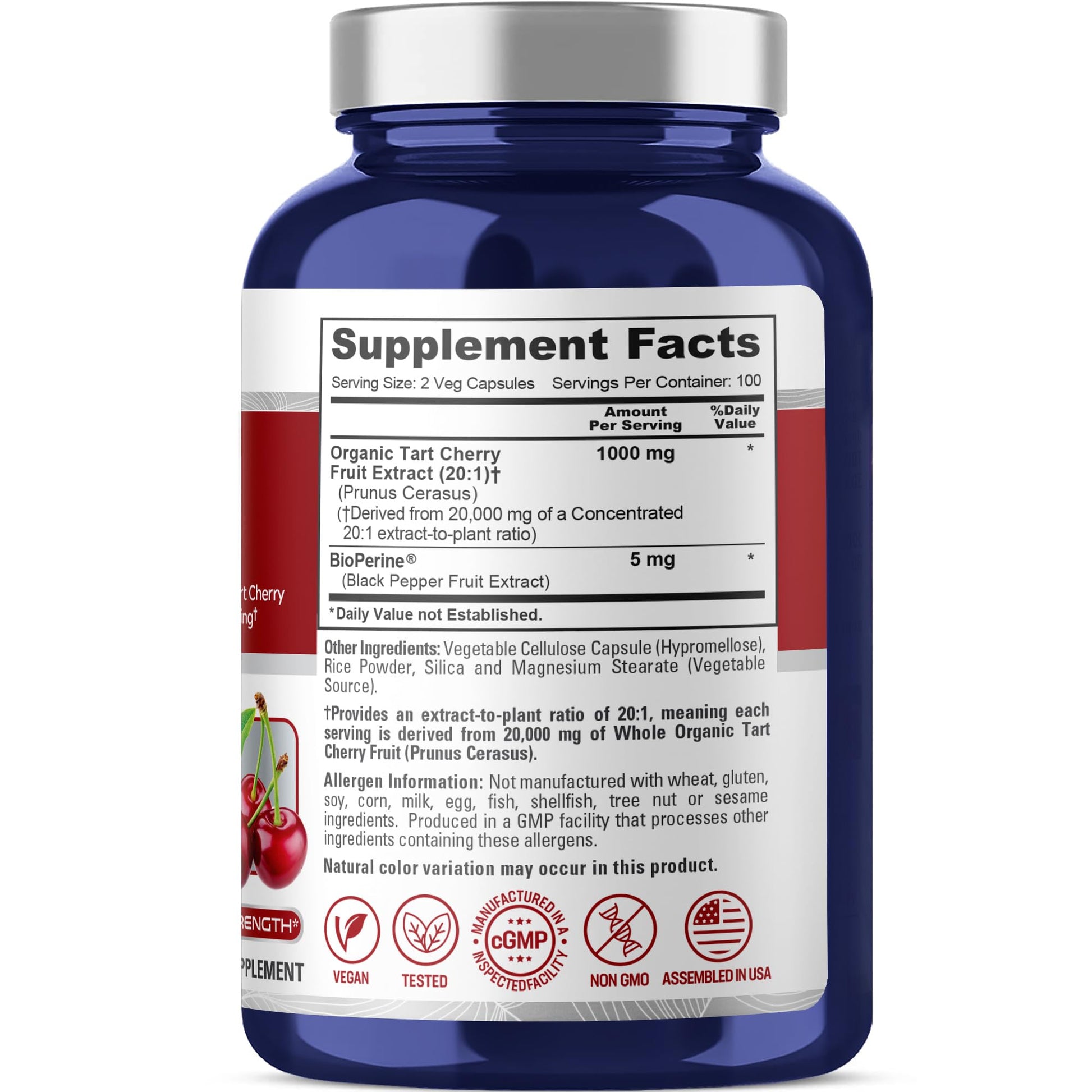 NusaPure Organic Tart Cherry 20:1 Extract, 1000 mg Equivalent to 20,000 mg 200 Veggie Caps (Vegan, Non-GMO) Bioperine NusaPure uk supplements