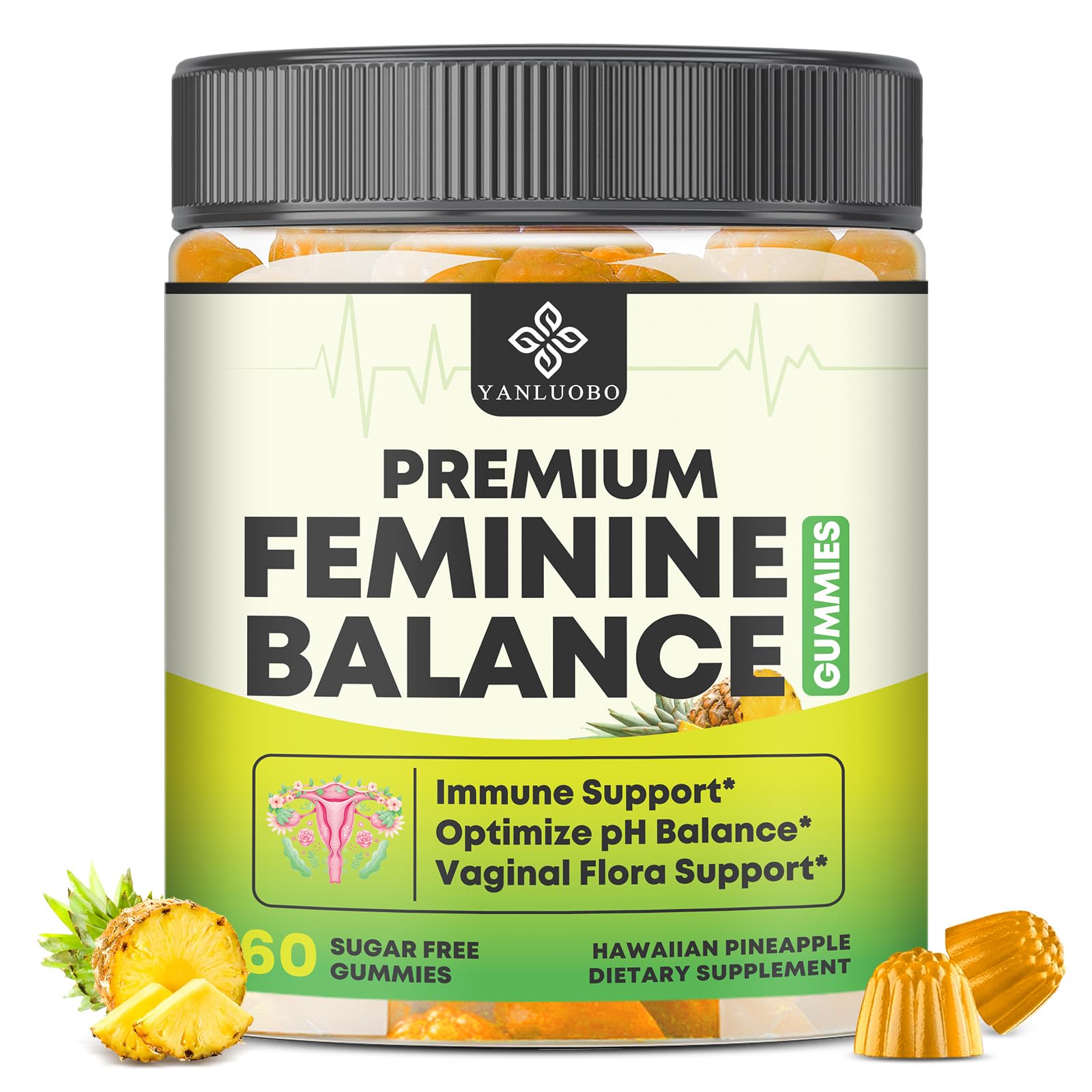 YANLUOBO Feminine Balance Probiotic Gummies - Women's Vaginal Health Support | PH Balance & Odor, Flora, Immune Support | Probiotics for Women, Vegan Pineapple Flavor, 60 Count YANLUOBO uk supplements