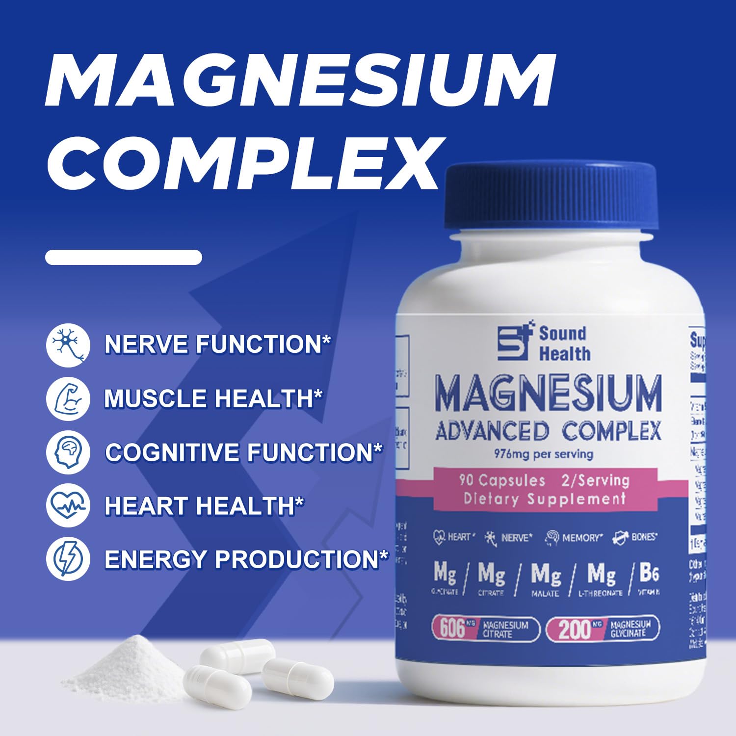 5 in 1 Magnesium Complex Capsule 976mg wtih Magnesium Glycinate, Citrate, Malate, L-Threonate & Vitamin B6, High Absorption Magnesium Complex for Women & Men, Third-Party Tested, Vegan, Non-GMO Sound Health Plus uk supplements
