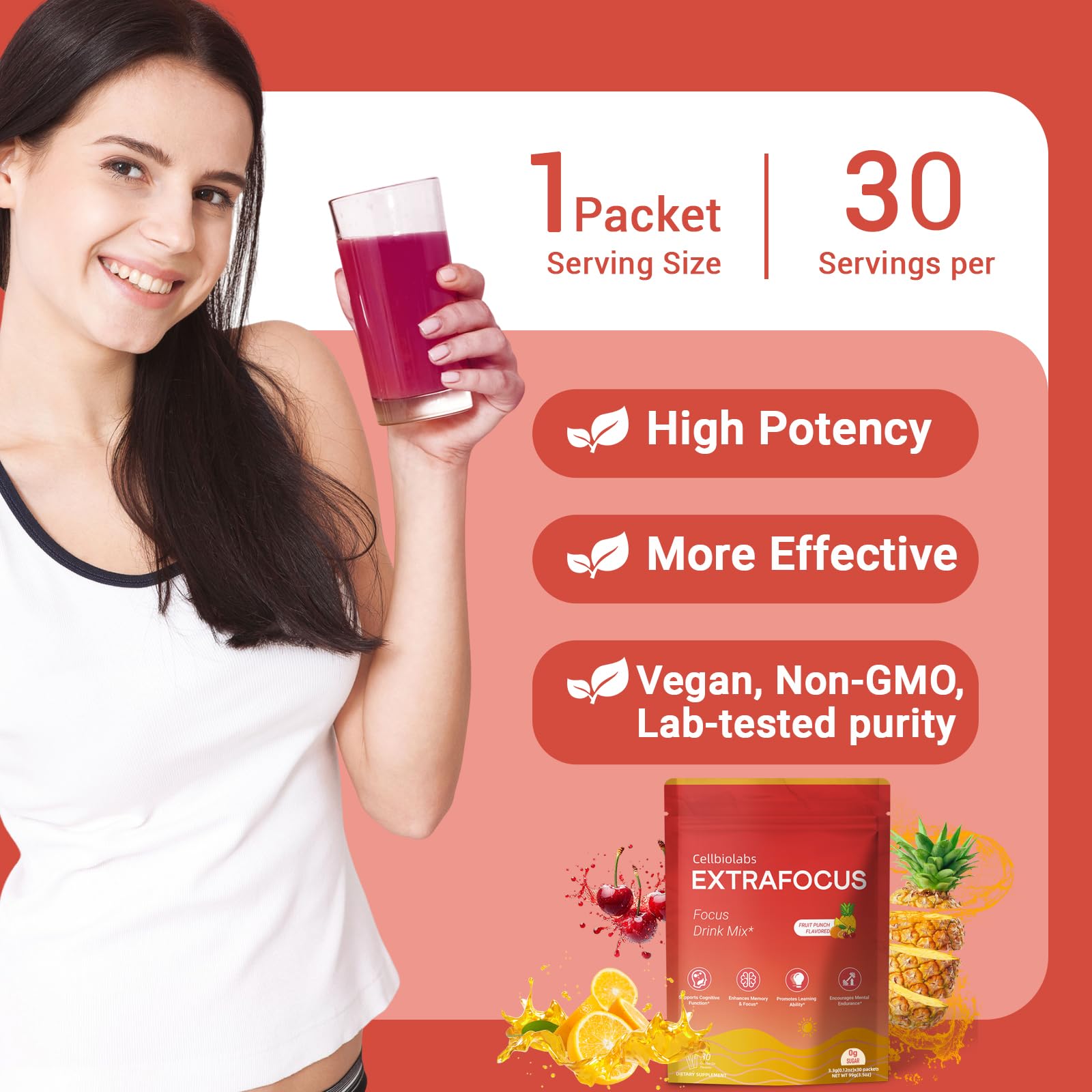 Nootropic Extra Focus Drink Mix, 30 Packs On-The-Go Sticks, Featuring Alpha-GPC, Lion's Mane & Rhodiola, Sugar-Free Packets Fruit Punch Clean Drink Mix Cellbiolabs uk supplements