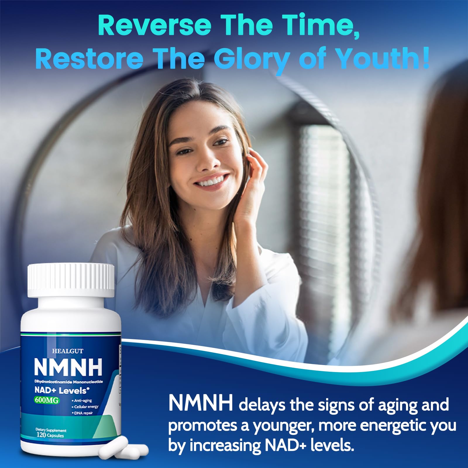 Pure NMNH(NMN Supplement Alternative)(Dihydronicotinamide Mononucleotide)for Women with Skin Aging 600mg: NAD Supplement for Anti-Aging Breakthrough - Boost NAD+ levels Liposome Capsules 120 Servings HEALGUT uk supplements
